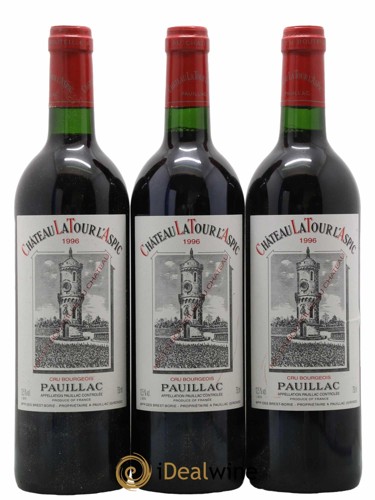 Pauillac Château La Tour L'Aspic 1996 - Lot de 3 bouteilles - 0