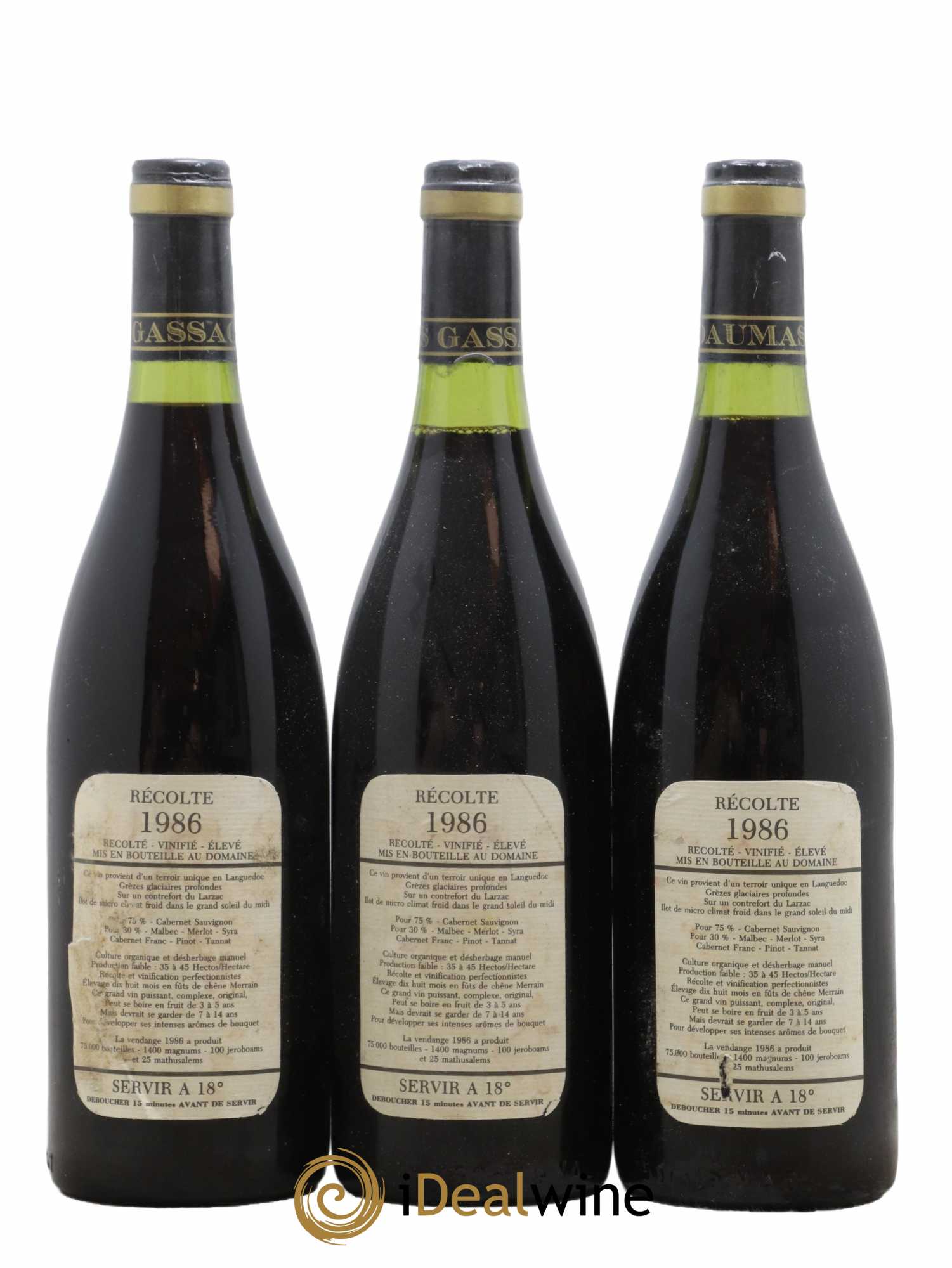 Saint-Guilhem-le-Désert - Cité d'Aniane Mas Daumas Gassac Famille Guibert de La Vaissière 1986 - Lot de 3 bouteilles - 1