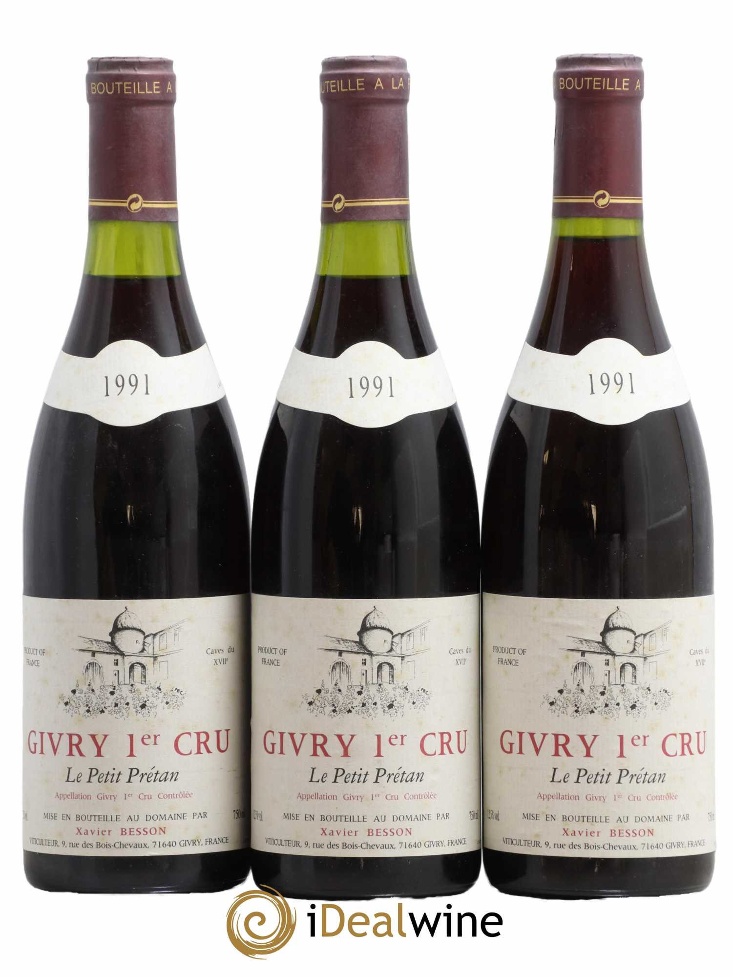 Givry 1er Cru Les Petit Prétan Domaine Guillemette et Xavier Besson 1991 - Lot de 3 bouteilles - 0