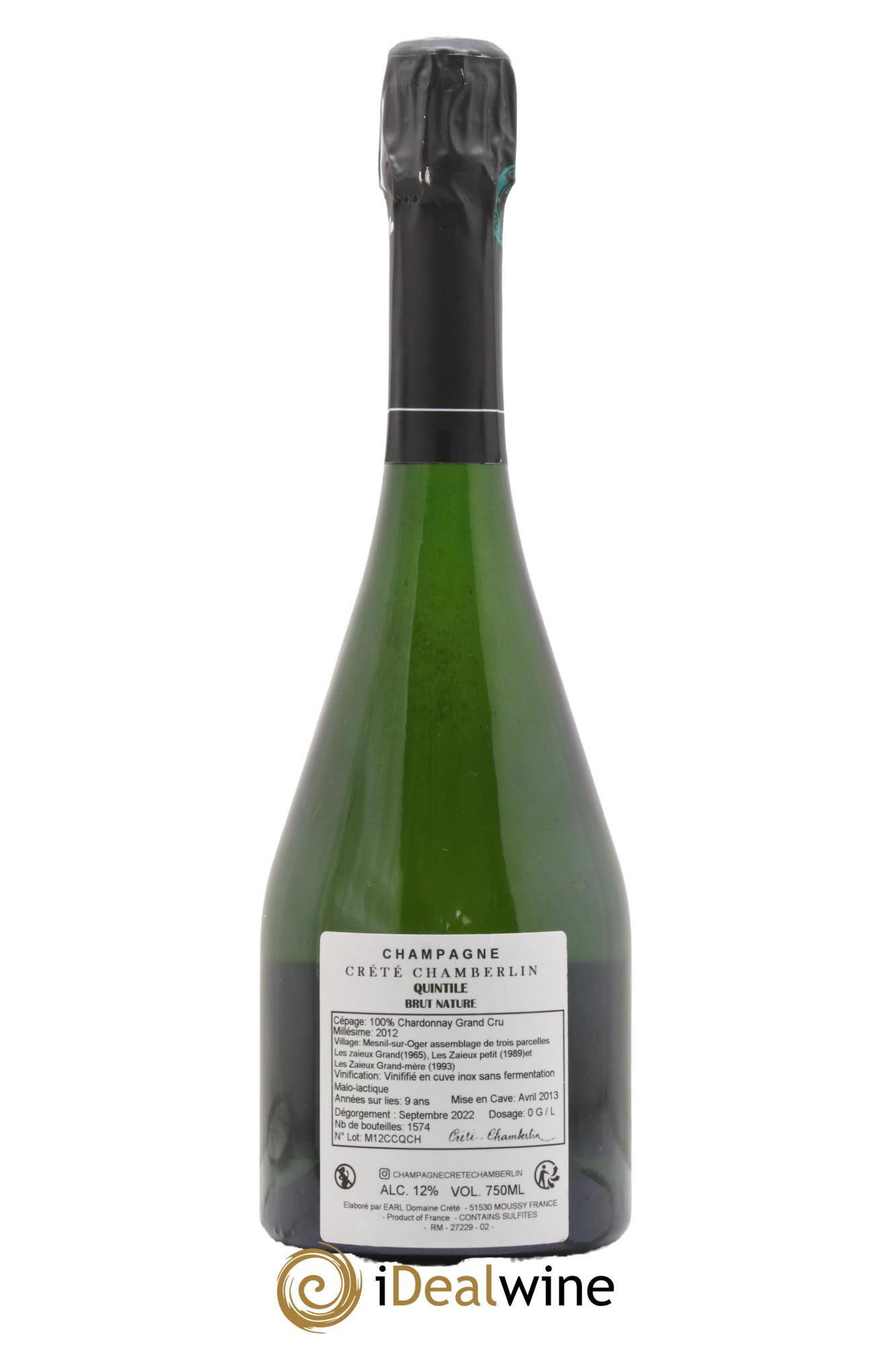 Champagne Grand Cru Quintile Blanc de Blancs Crété Chamberlin 2012 - Lot de 1 bouteille - 1