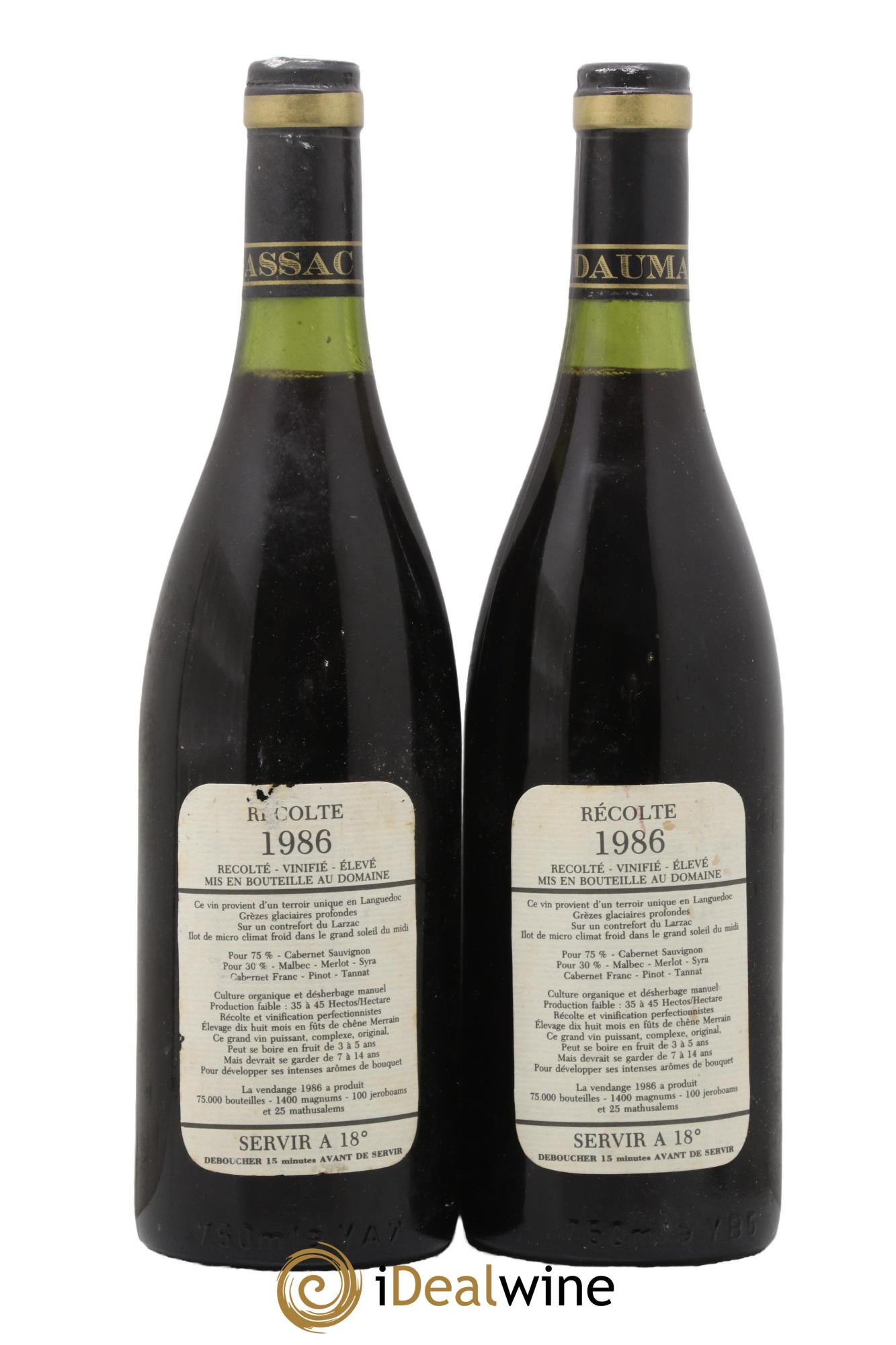 IGP St Guilhem-le-Désert - Cité d'Aniane Mas Daumas Gassac Famille Guibert de La Vaissière 1986 - Lot de 2 bouteilles - 1
