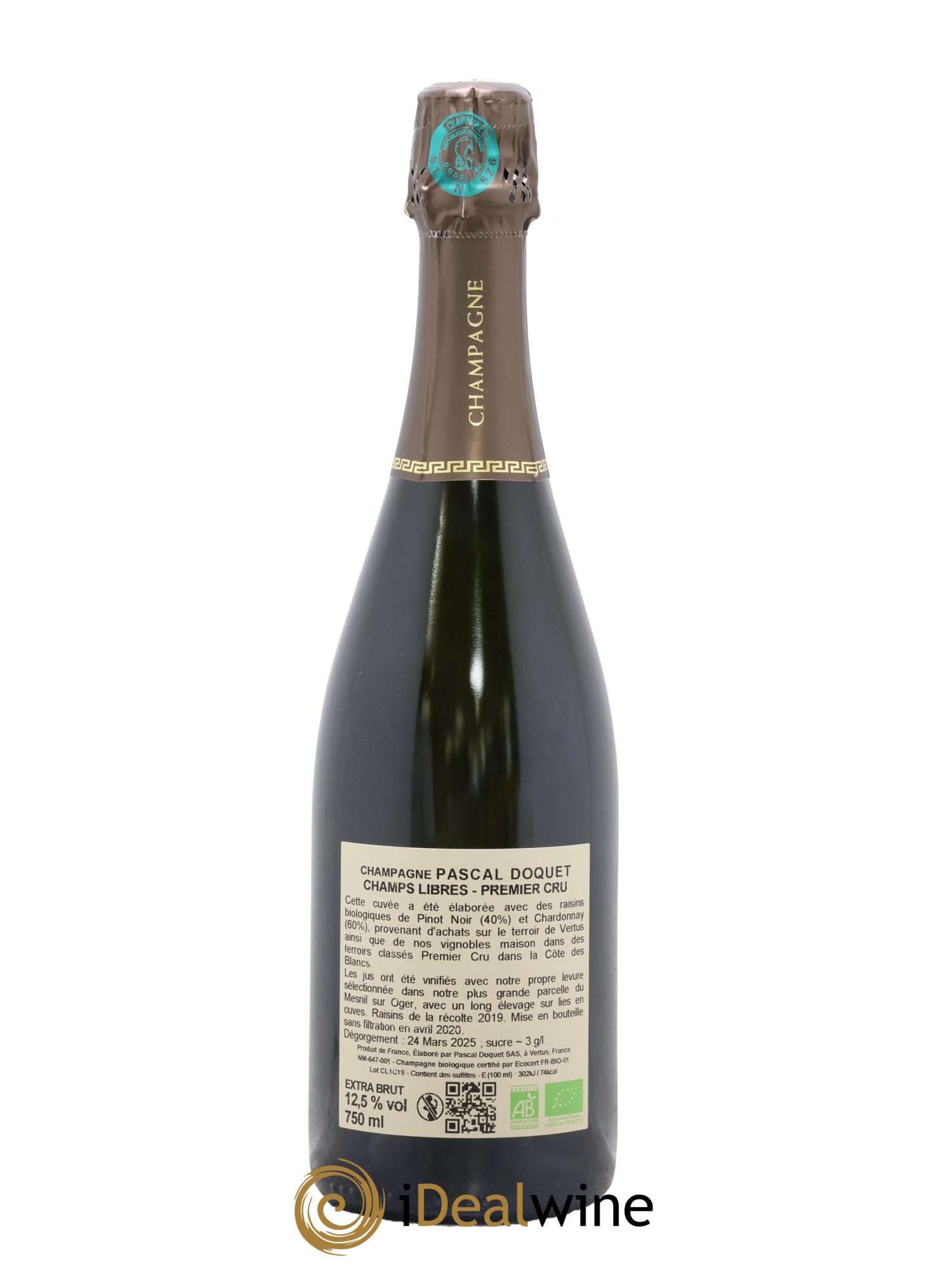 Champagne Extra-Brut 1er cru Champs Libres Pascal Doquet - Lot de 1 bouteille - 1