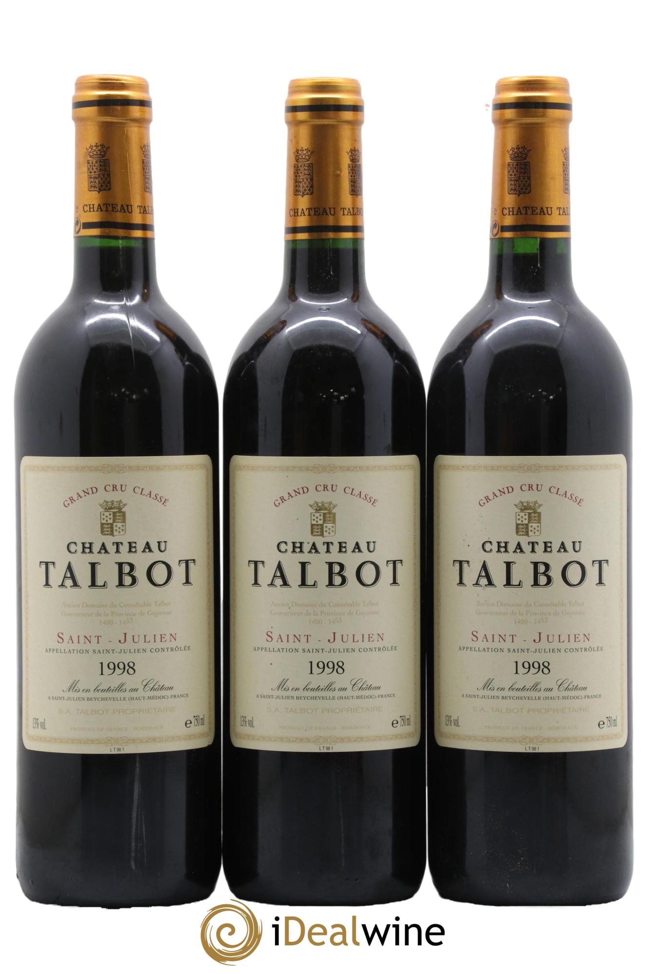 Château Talbot 4ème Grand Cru Classé 1998 - Lotto di 3 bottiglie - 0