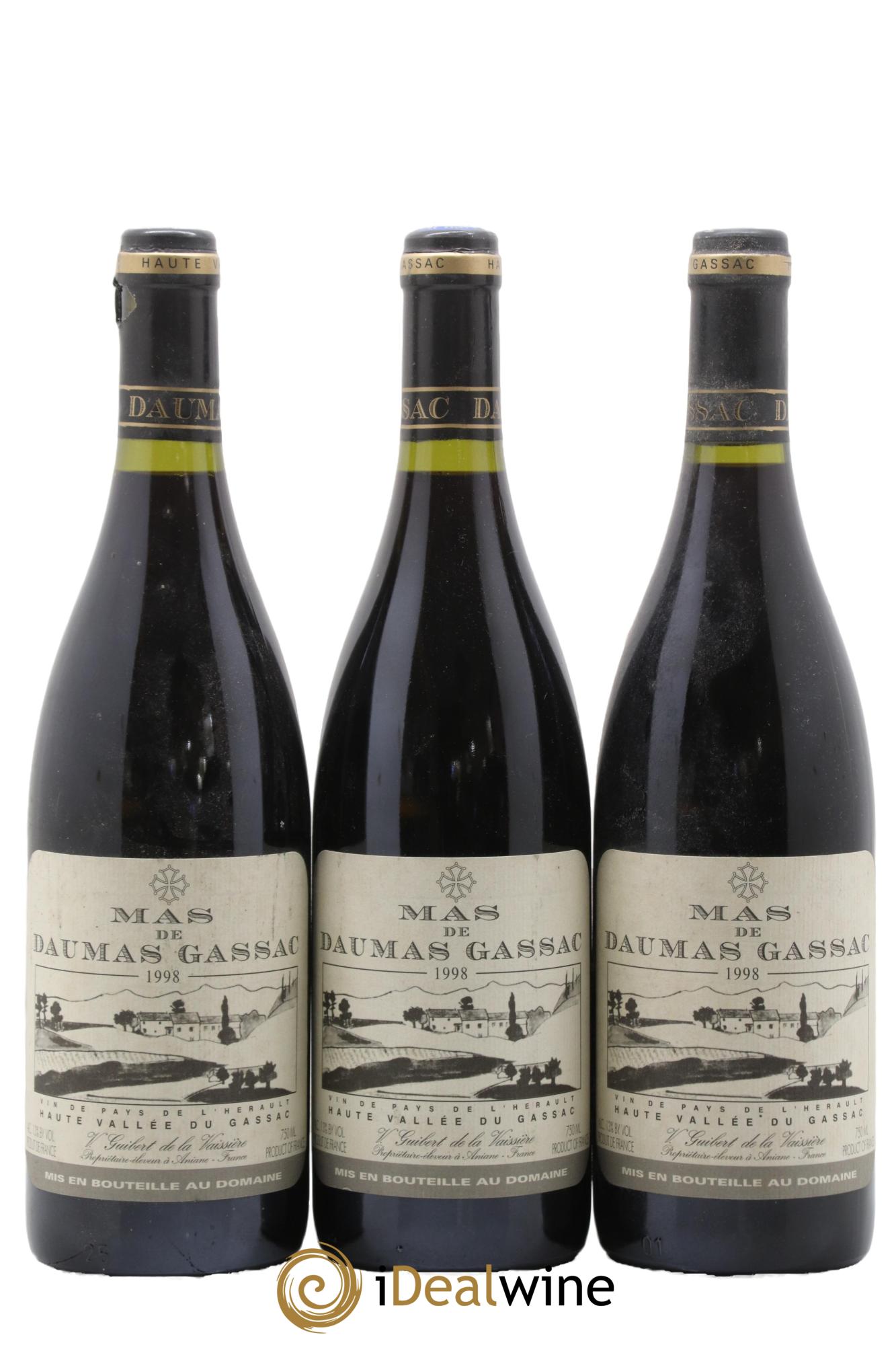 IGP St Guilhem-le-Désert - Cité d'Aniane Mas Daumas Gassac Famille Guibert de La Vaissière 1998 - Lot of 3 bottles - 0