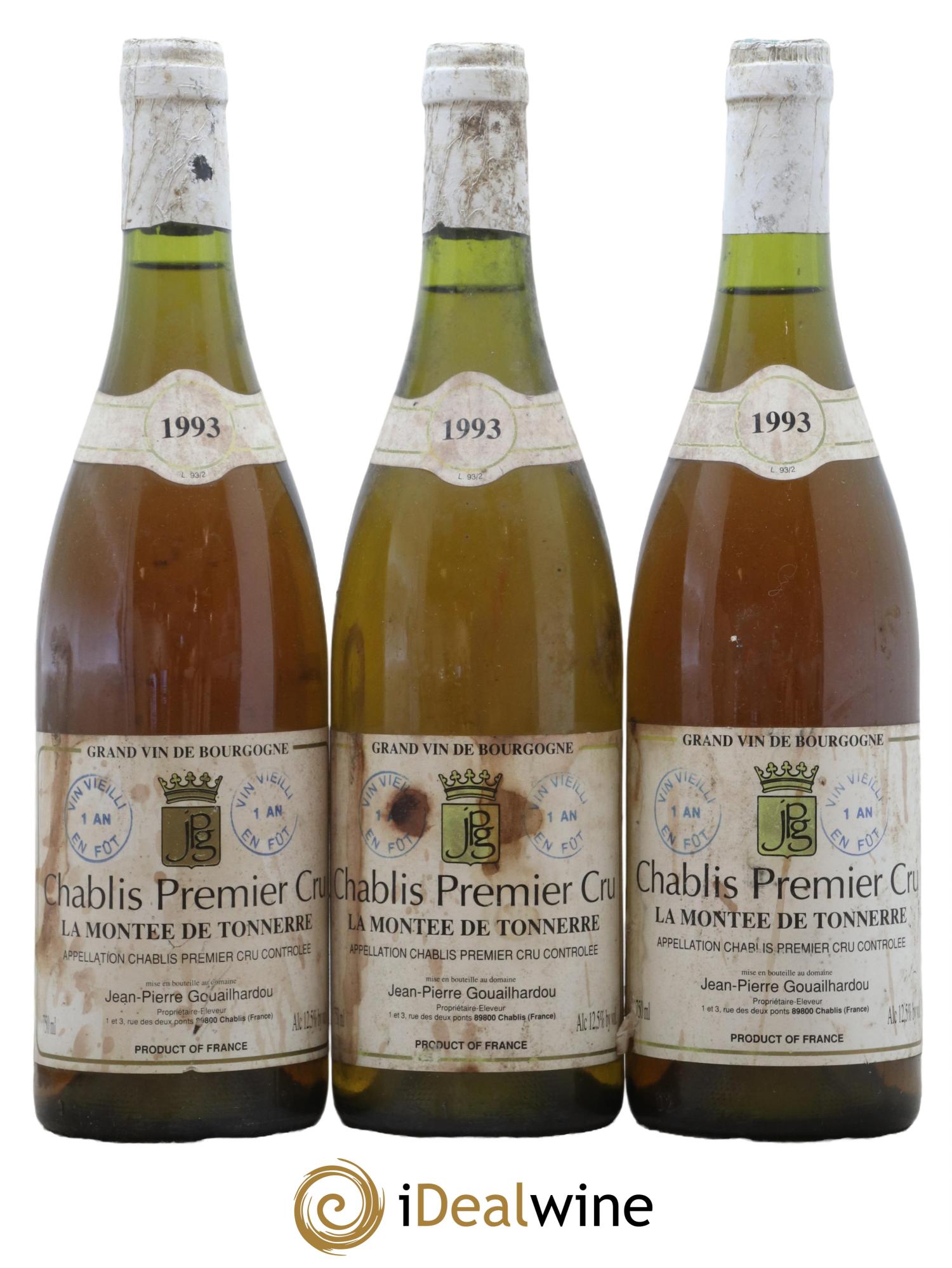 Chablis 1er Cru Montee de Tonnerre Domaine Jean Pierre Gouailhardou 1993 - Lot de 3 bouteilles - 0