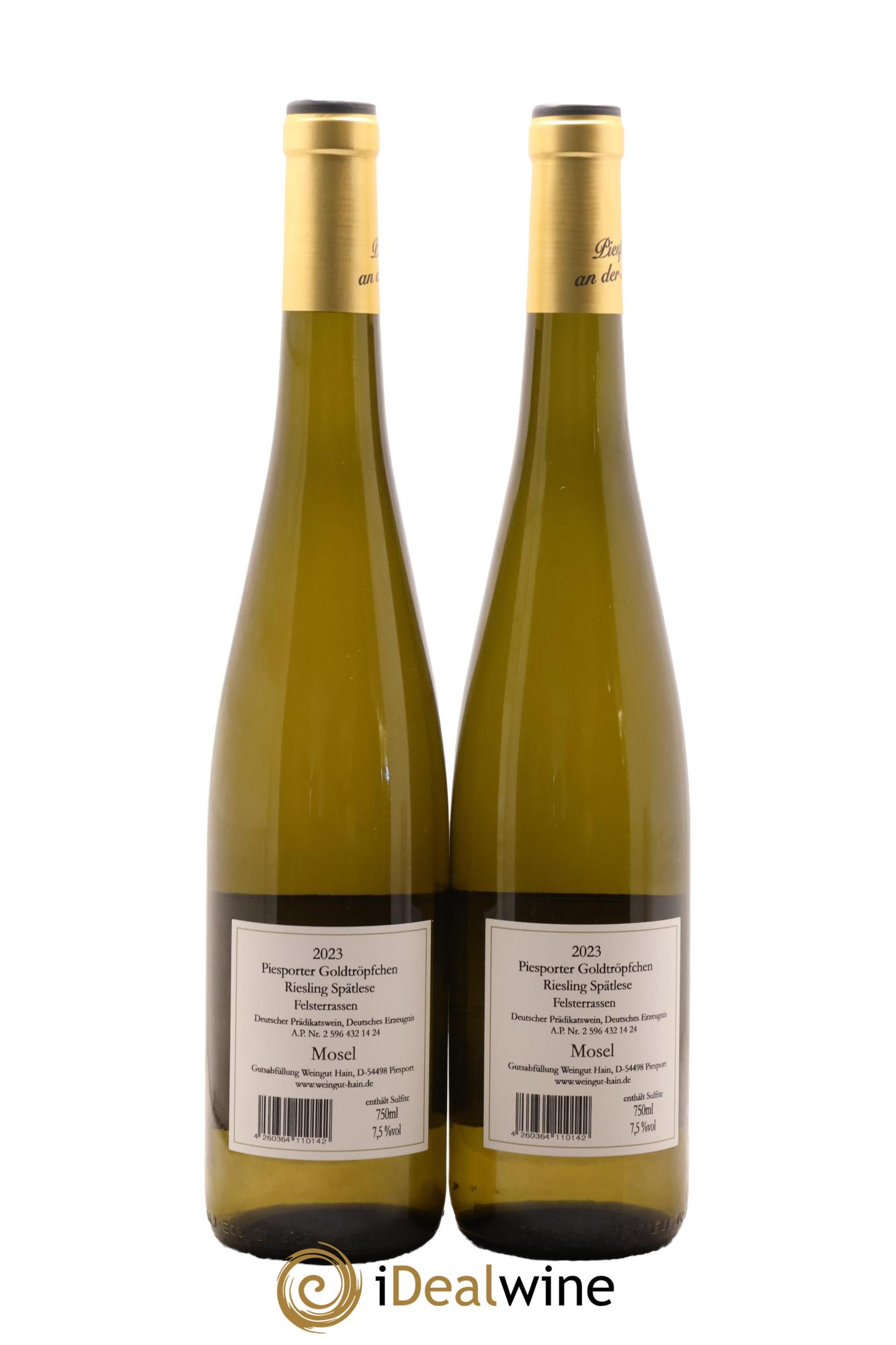Allemagne Mosel-Saar Piesporter Goldtropfchen Riesling Spatlese Felsterrassen Kurt Hain 2023 - Lot de 2 bouteilles - 1