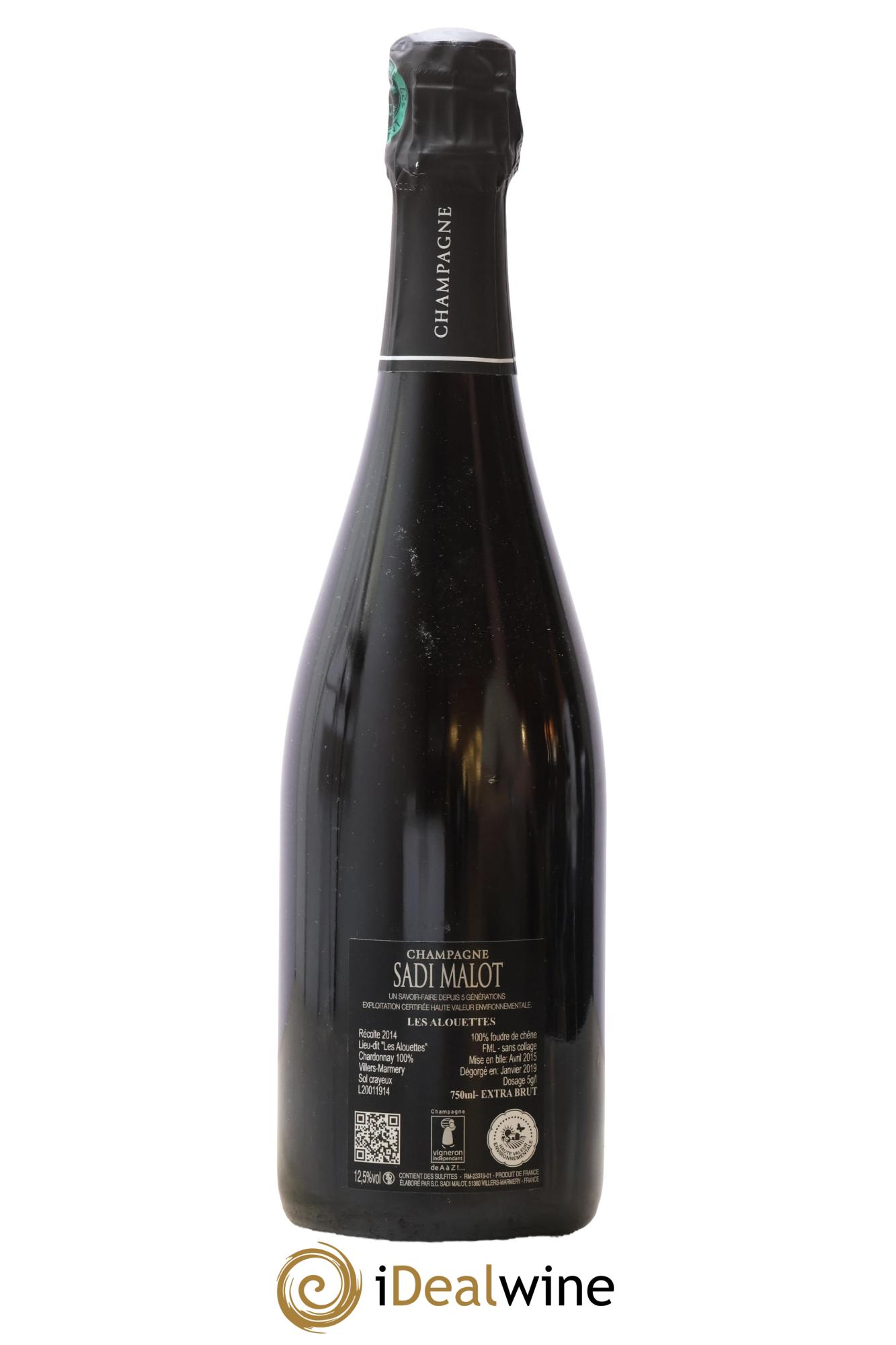Champagne Premier Cru Blanc de Blancs Extra-Brut Les Alouettes Sadi Malot 2014 - Lot de 1 bouteille - 1