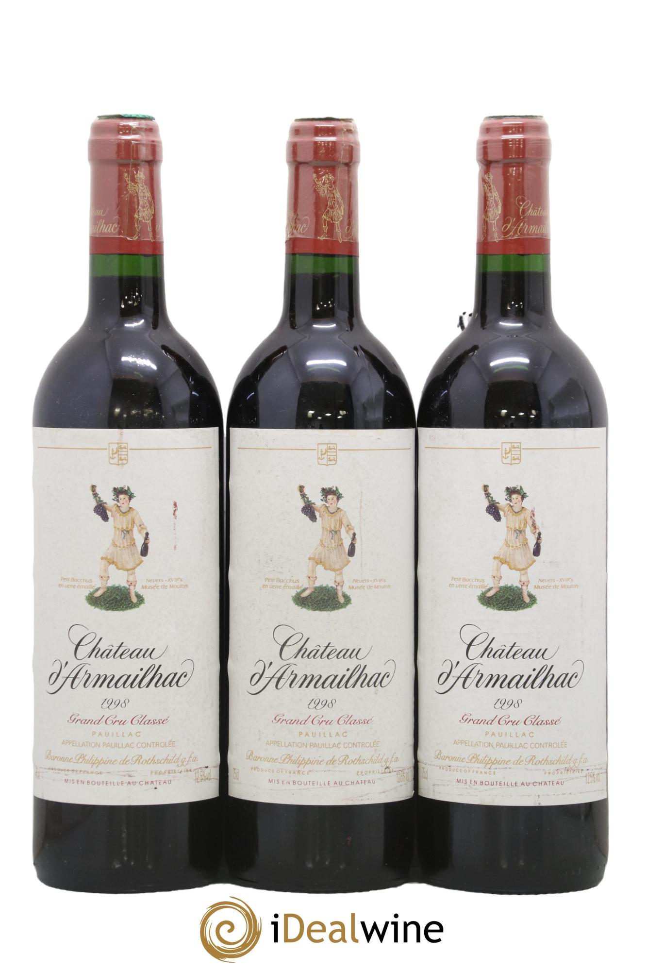 Château d' Armailhac - Mouton Baron(ne) Philippe 5ème Grand Cru Classé 1998 - Lot de 3 bouteilles - 0