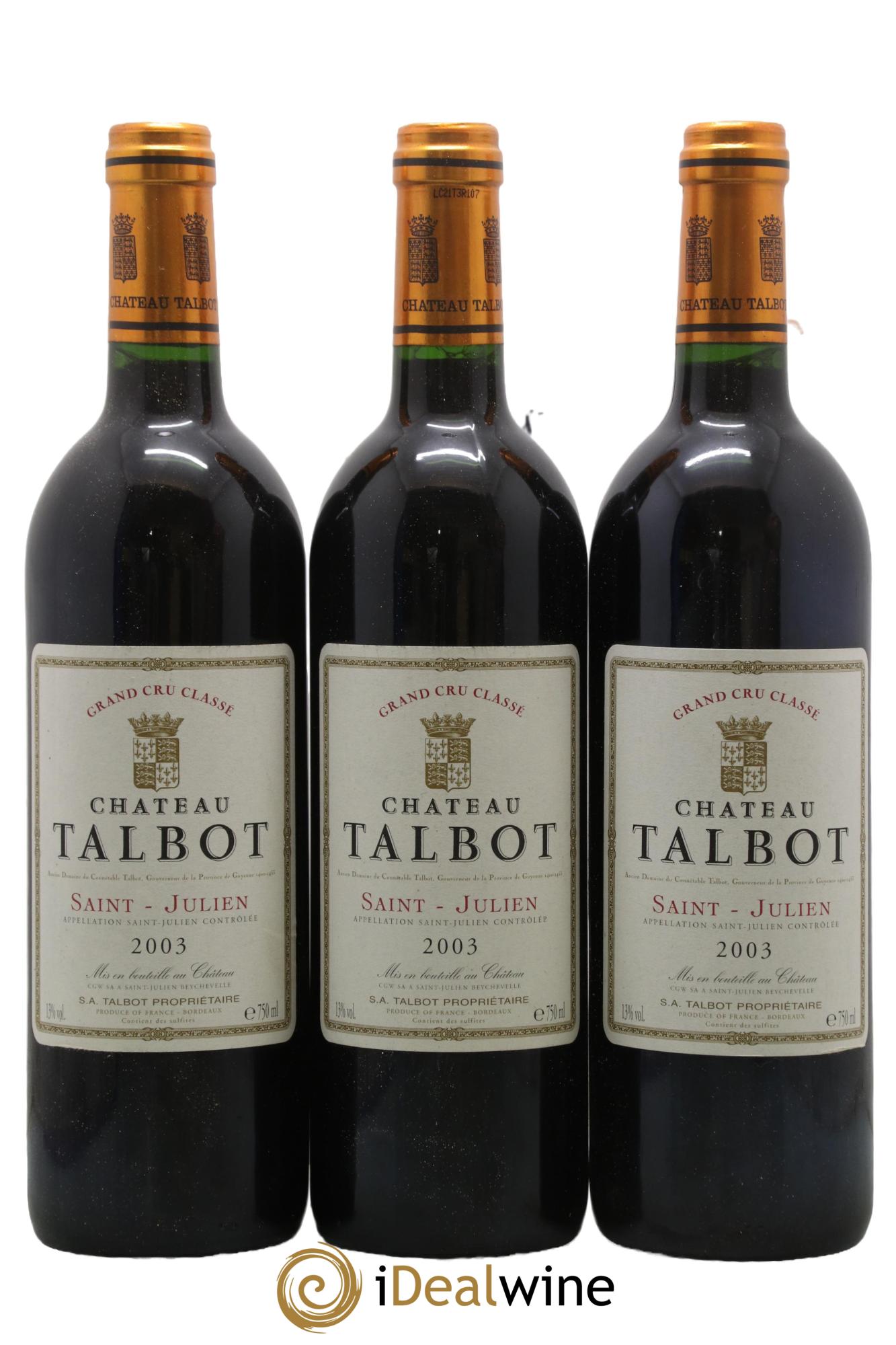 Château Talbot 4ème Grand Cru Classé 2003 - Lotto di 3 bottiglie - 0