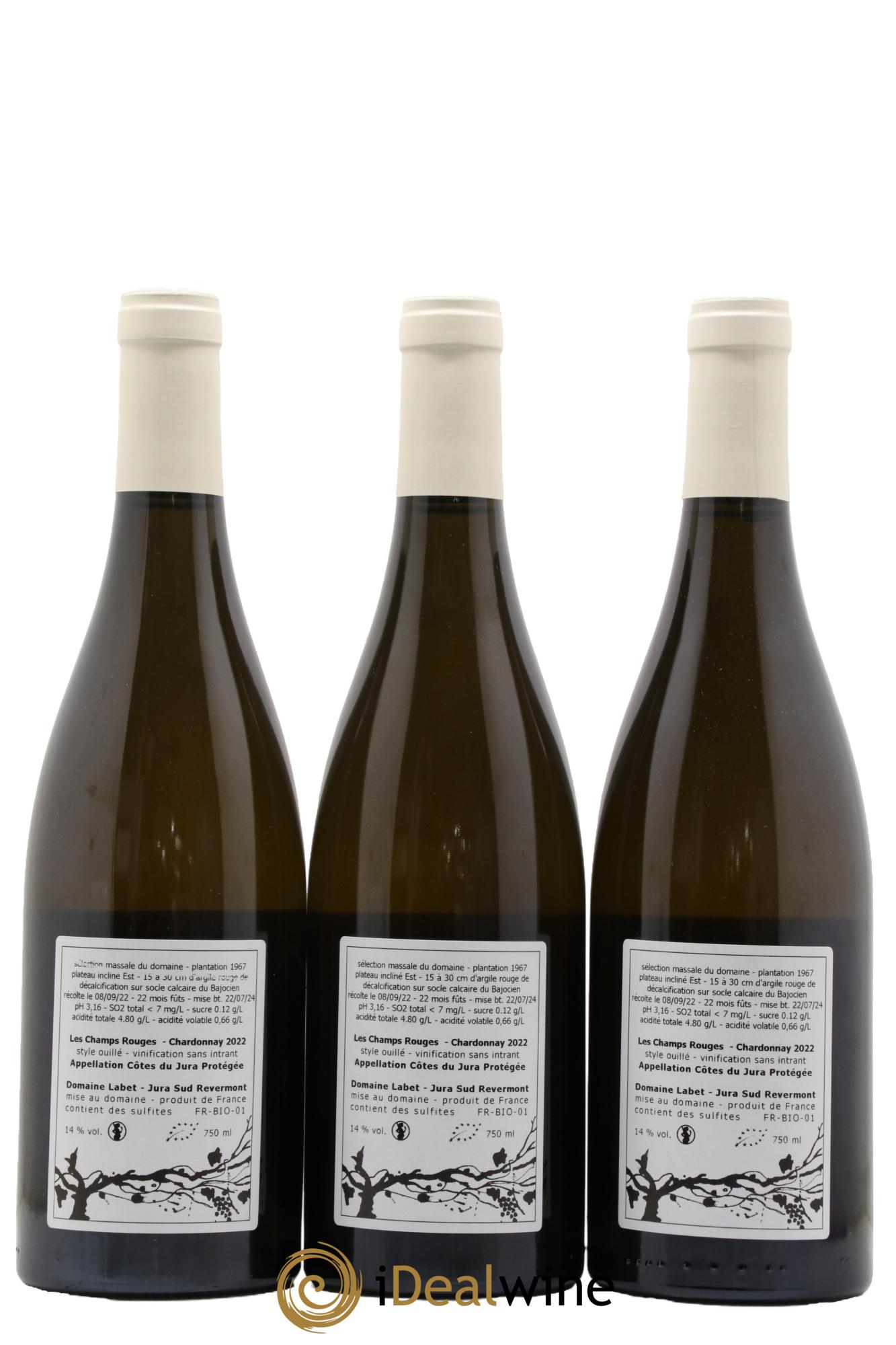 Côtes du Jura Chardonnay Les Champs Rouges Romain - Julien - Charline Labet 2022 - Lot de 3 bouteilles - 1