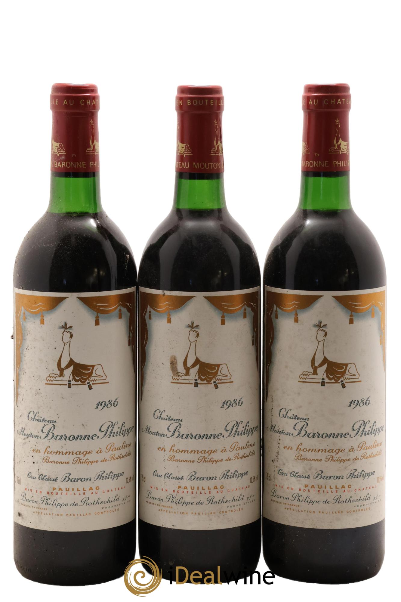 Château d' Armailhac - Mouton Baron(ne) Philippe 5ème Grand Cru Classé 1986 - Lotto di 3 bottiglie - 0