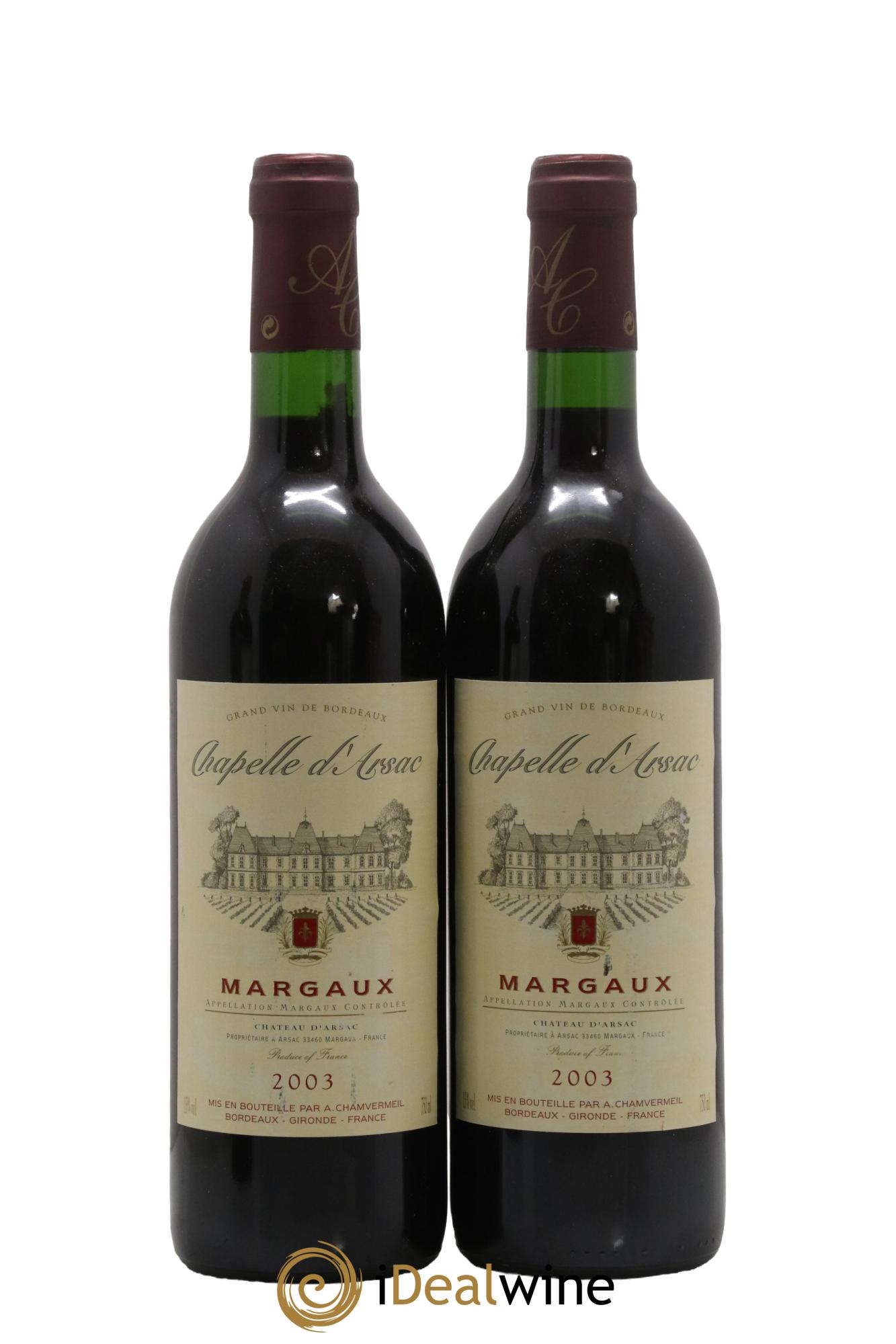 Bordeaux Margaux Chapelle d'Arsac 2003 - Lot de 2 bouteilles - 0