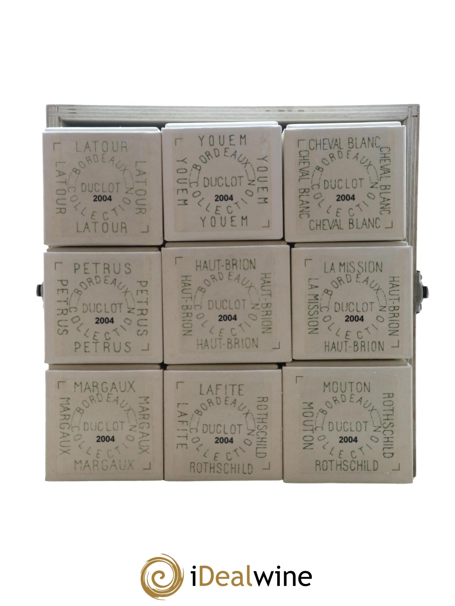 Caisse Collection Duclot 2004 Mouton Lafite Margaux Mission Haut Brion Petrus Cheval Blanc Haut Brion Yquem Latour 2004 - Lot de 9 bouteilles - 9