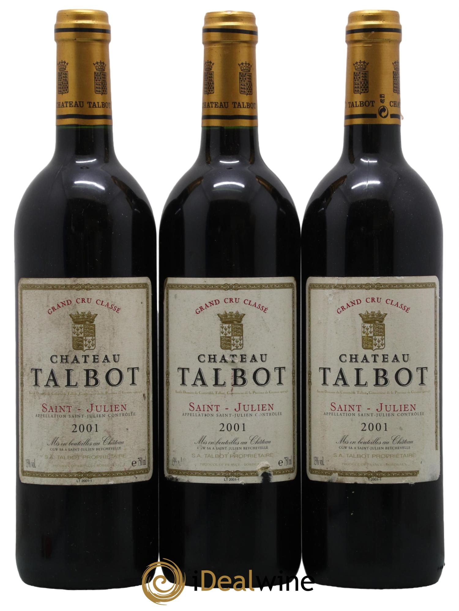 Château Talbot 4ème Grand Cru Classé 2001 - Lot de 3 bouteilles - 0