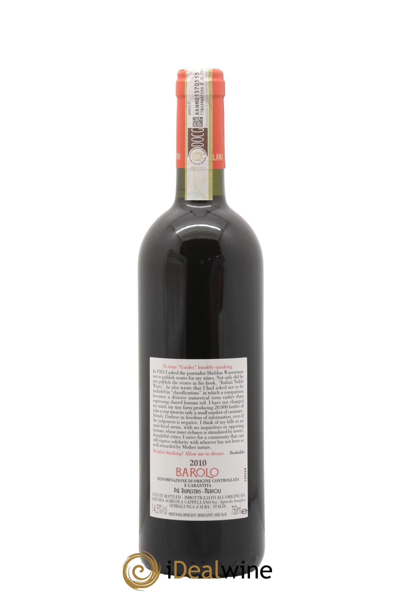 Barolo DOCG Pie Rupestris Cappellano 2010 - Lot of 1 bottle - 1