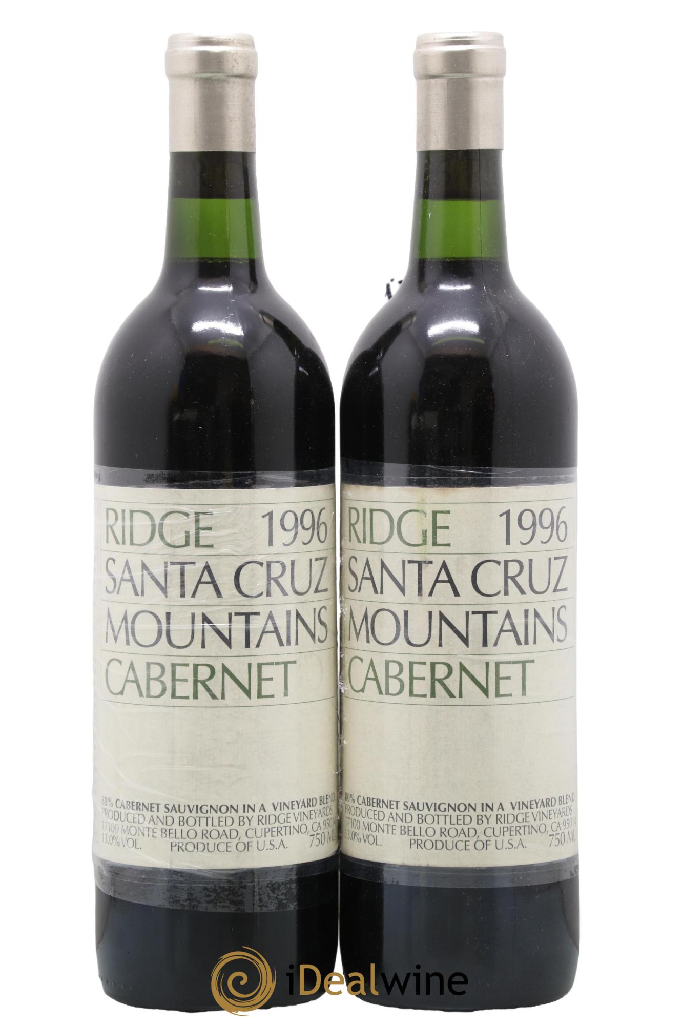Santa Cruz Moutains Ridge Vineyards Estate Cabernet Cabernet Sauvignon Santa Cruz Ridge Vineyards 1996 - Lot de 2 bouteilles - 0
