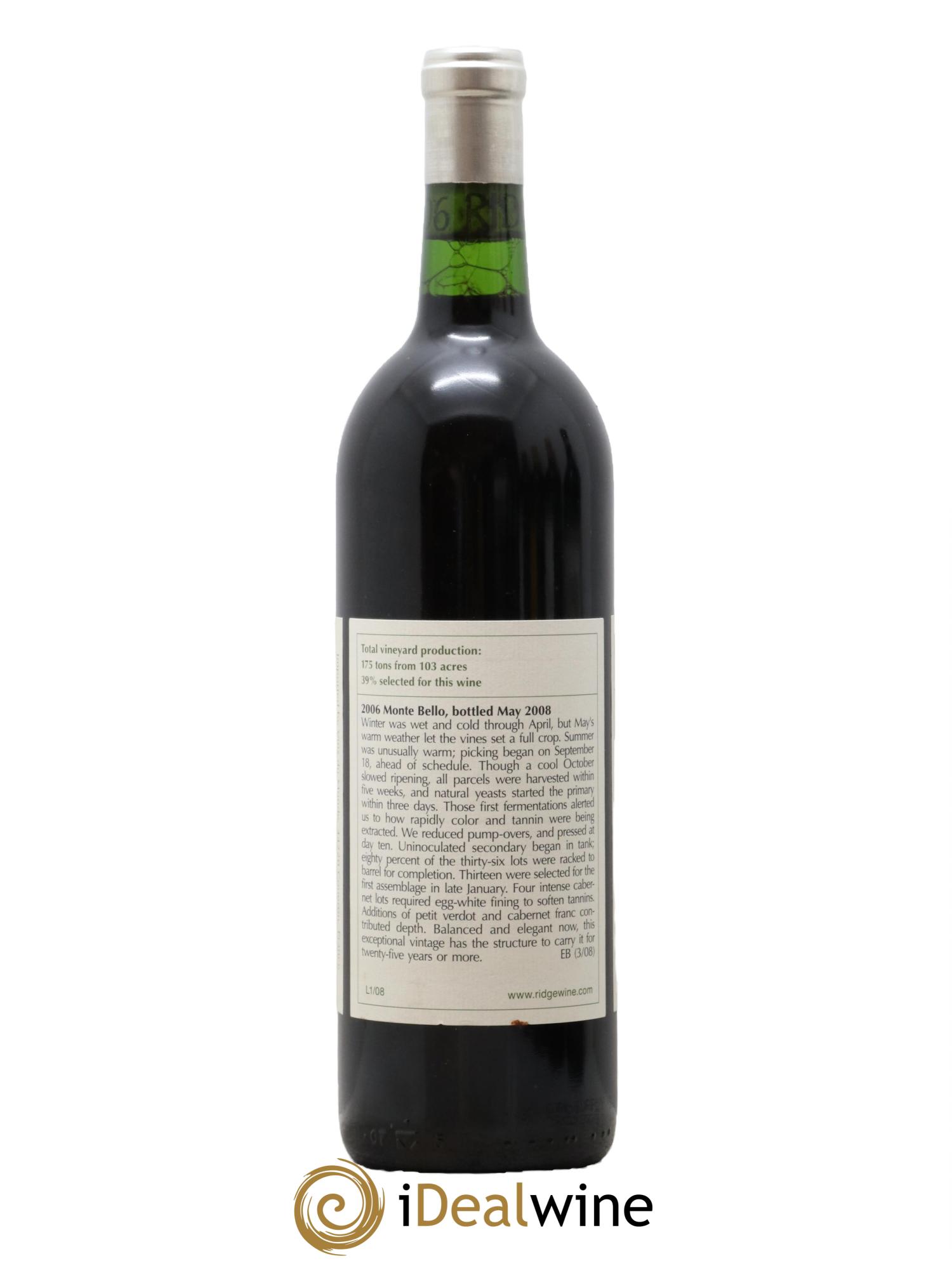 Santa Cruz Mountains Monte Bello Ridge Vineyards 2006 - Lot de 1 bouteille - 1