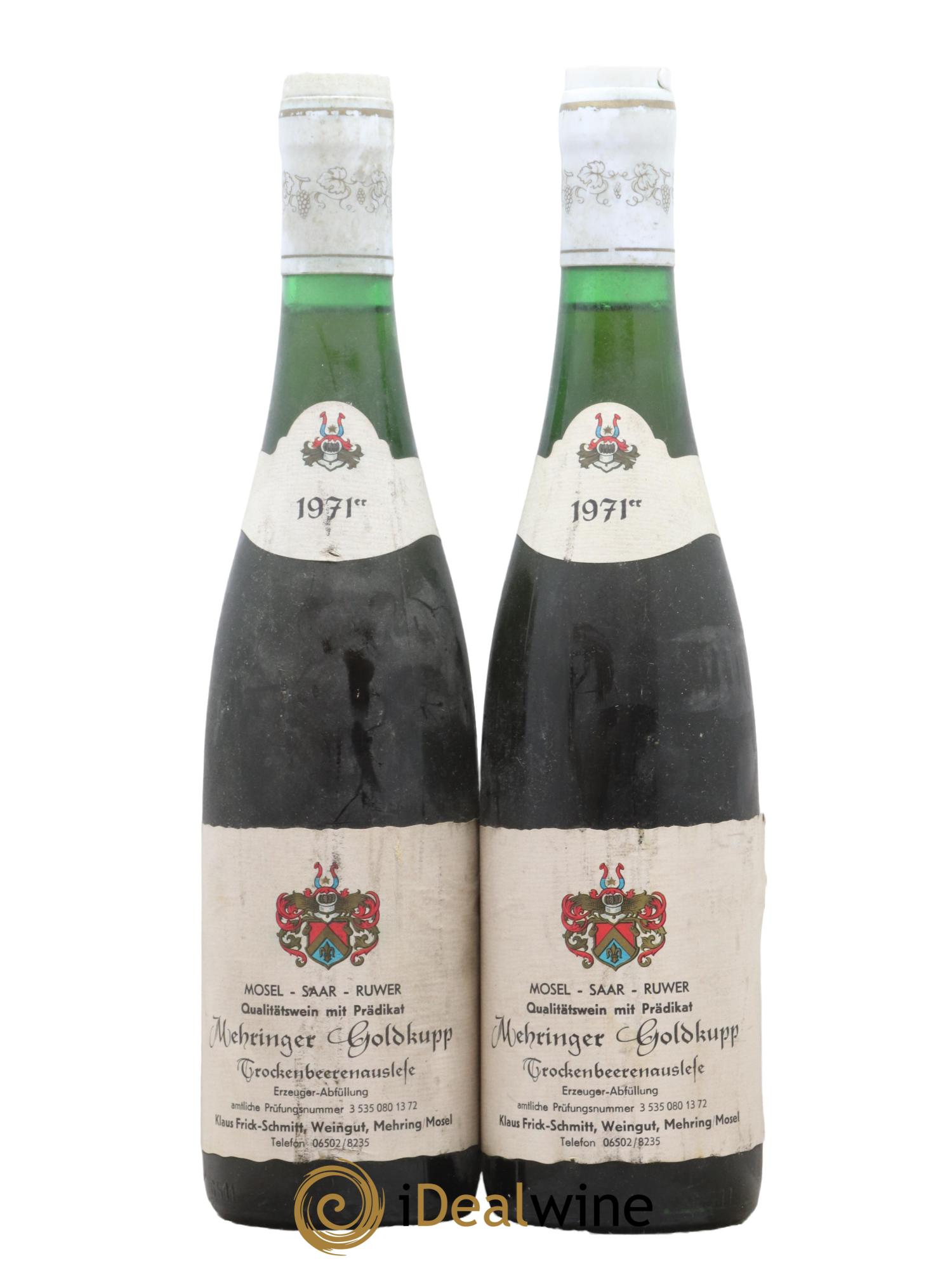 Allemagne Mosel-Saar Trockenbeerenauslese Mehringer Goldkupp Weingut Frick Schmitt 1971 - Lot de 2 bouteilles - 0