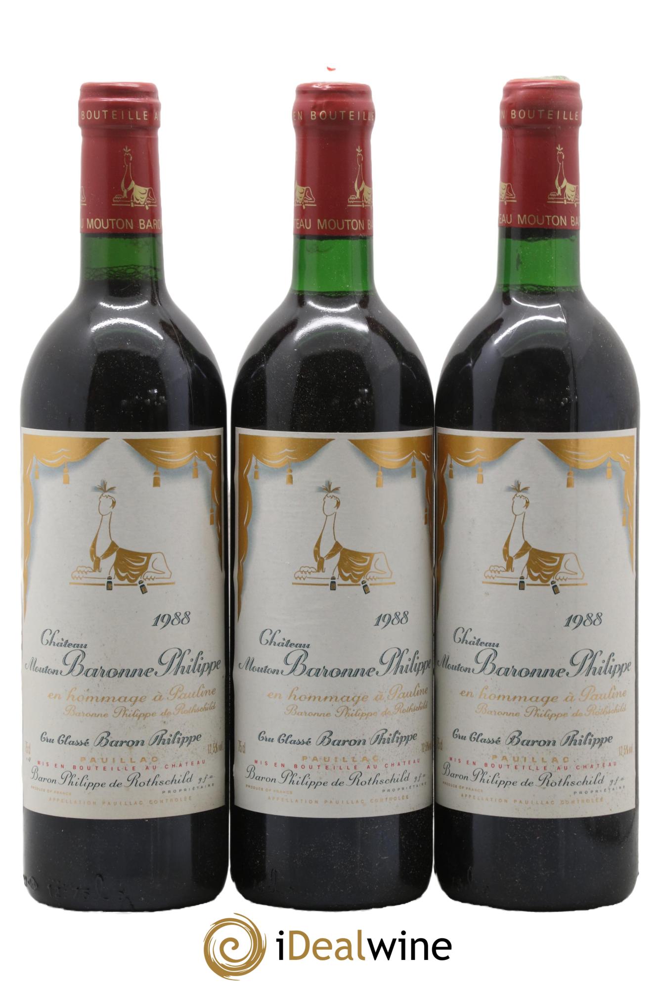 Château d' Armailhac - Mouton Baron(ne) Philippe 5ème Grand Cru Classé 1988 - Posten von 3 Flaschen - 0