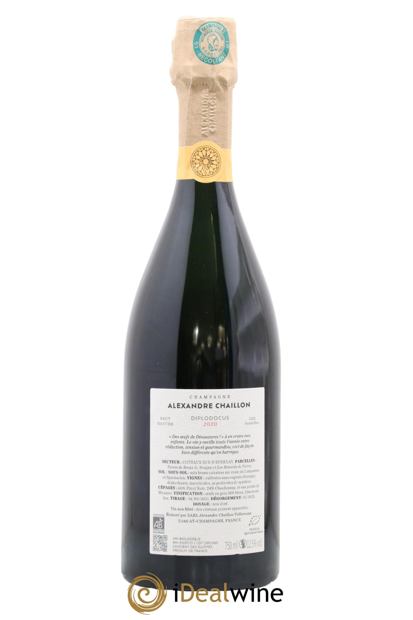 Champagne Brut Nature Diplodocus Alexandre Chaillon 2020 - Lot de 1 bouteille - 1