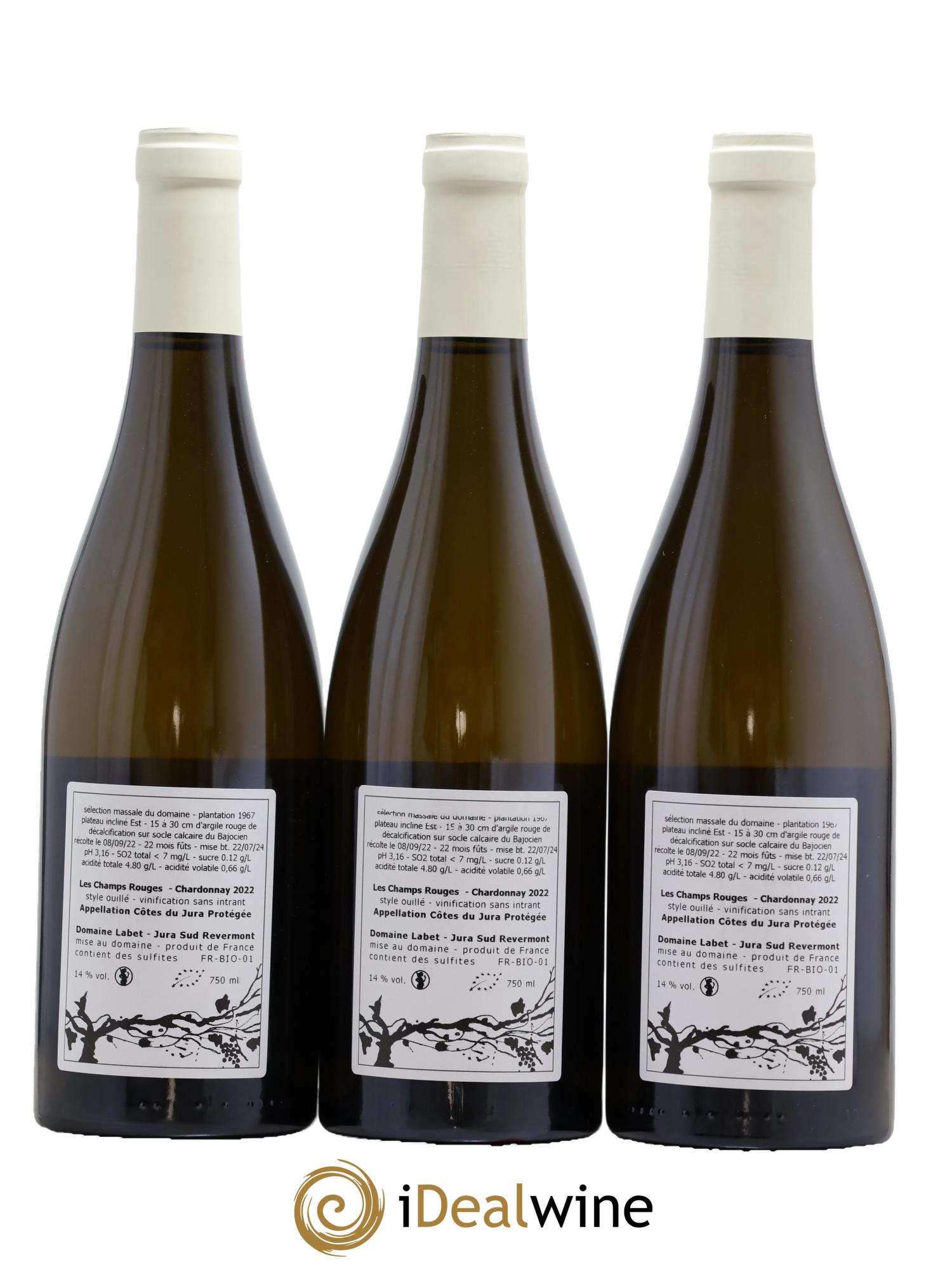 Côtes du Jura Chardonnay Les Champs Rouges Romain - Julien - Charline Labet 2022 - Lot de 3 bouteilles - 1