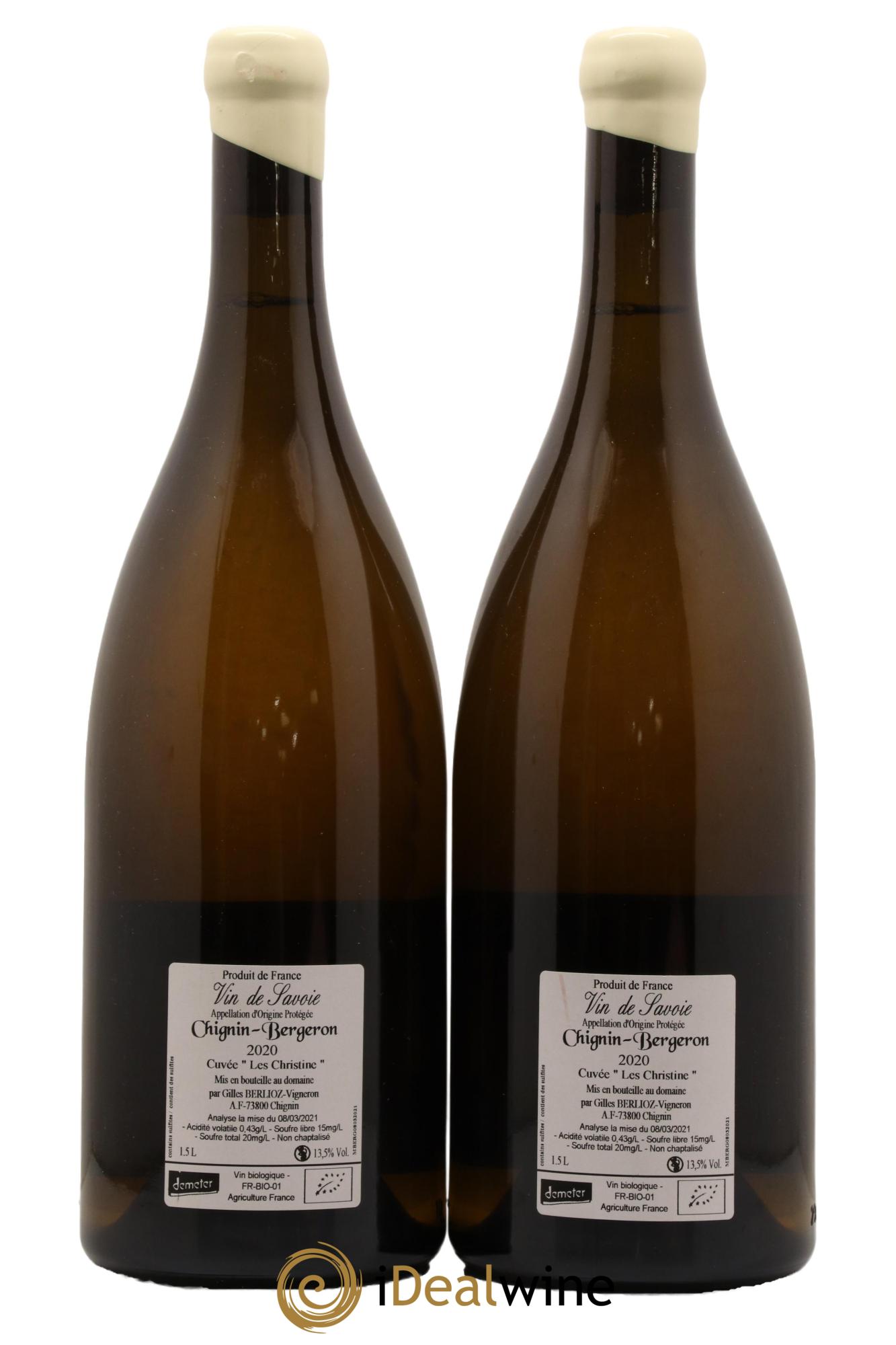 Vin de Savoie Chignin-Bergeron Les Christine Gilles Berlioz 2020 - Lot of 2 magnums - 1