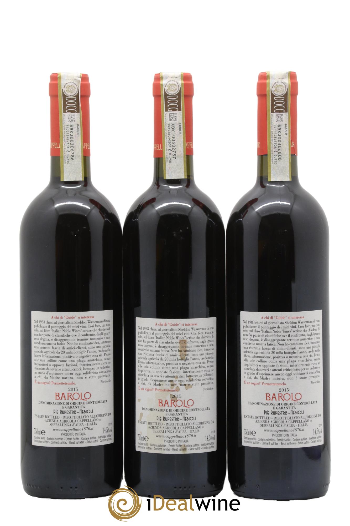 Barolo DOCG Pie Rupestris Cappellano 2015 - Lot of 3 bottles - 1