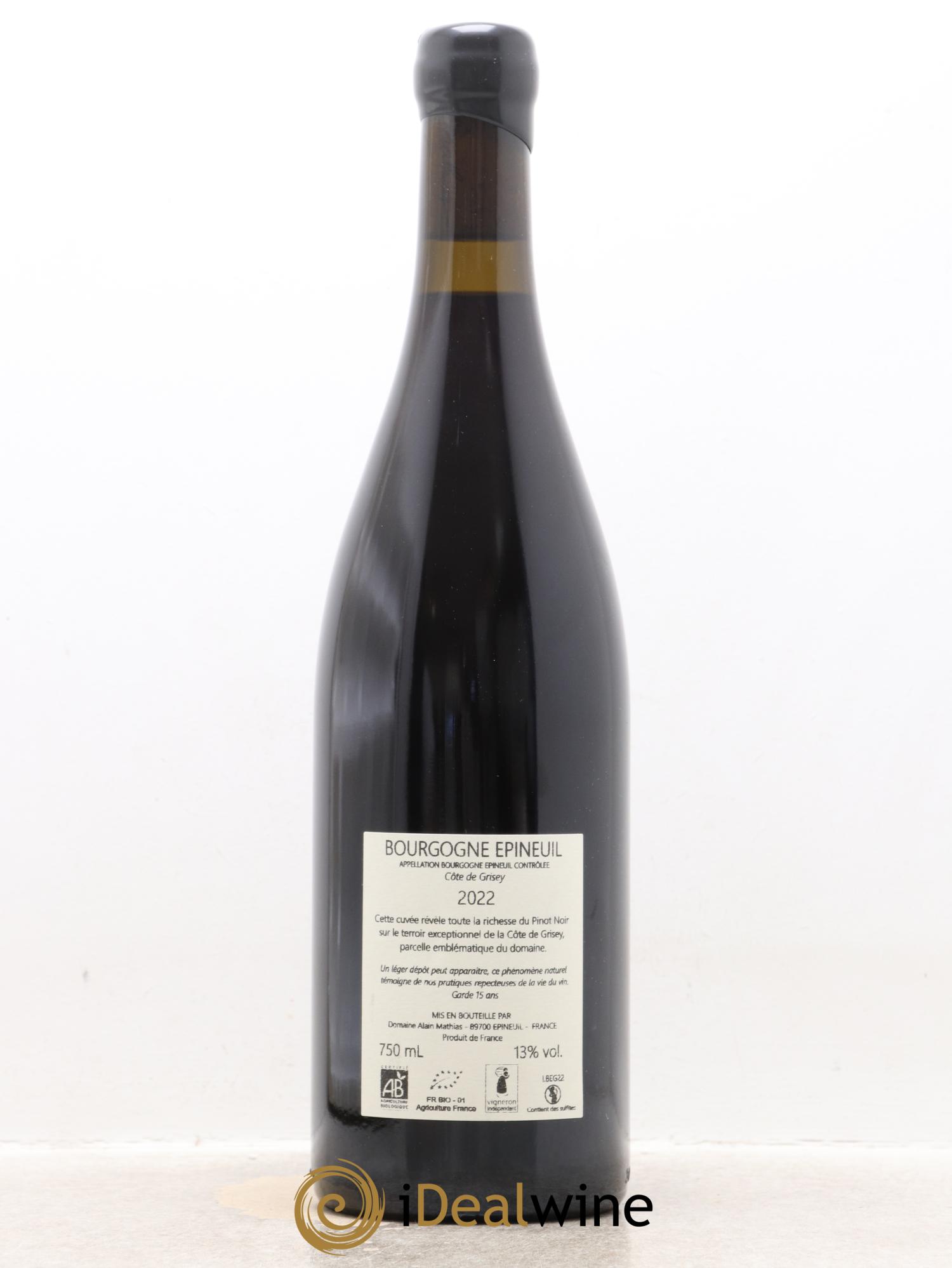 Bourgogne Epineuil Côte de Grisey Domaine Alain Mathias 2022 - Lot de 1 bouteille - 1