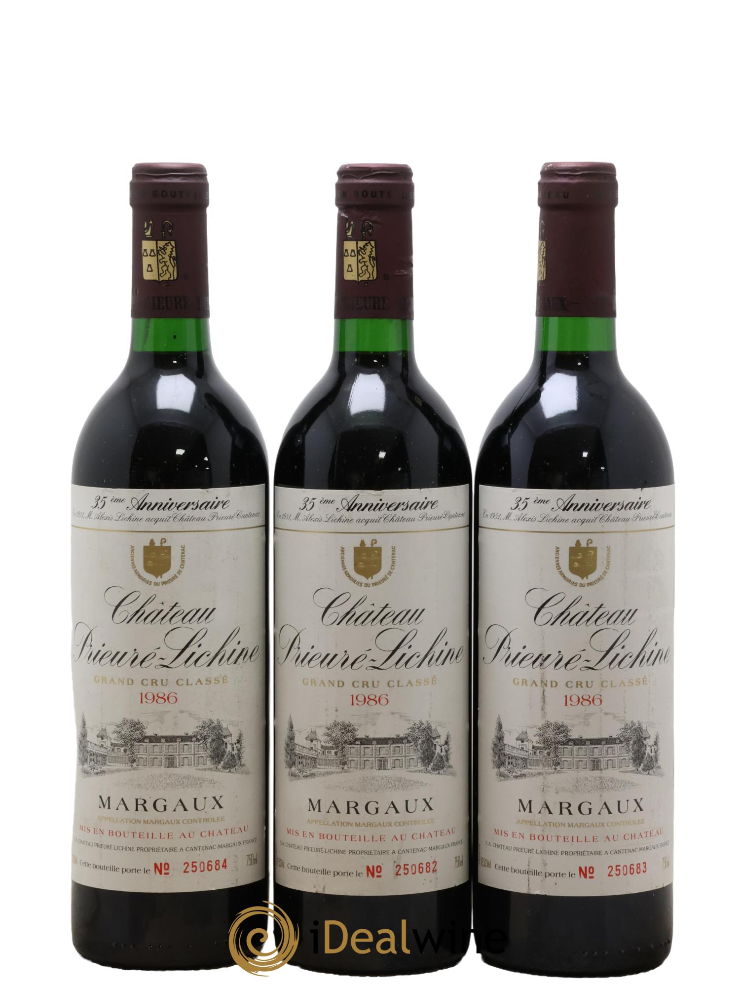 Château Prieuré Lichine 4ème Grand Cru Classé 1986 - Lot de 3 bouteilles - 0