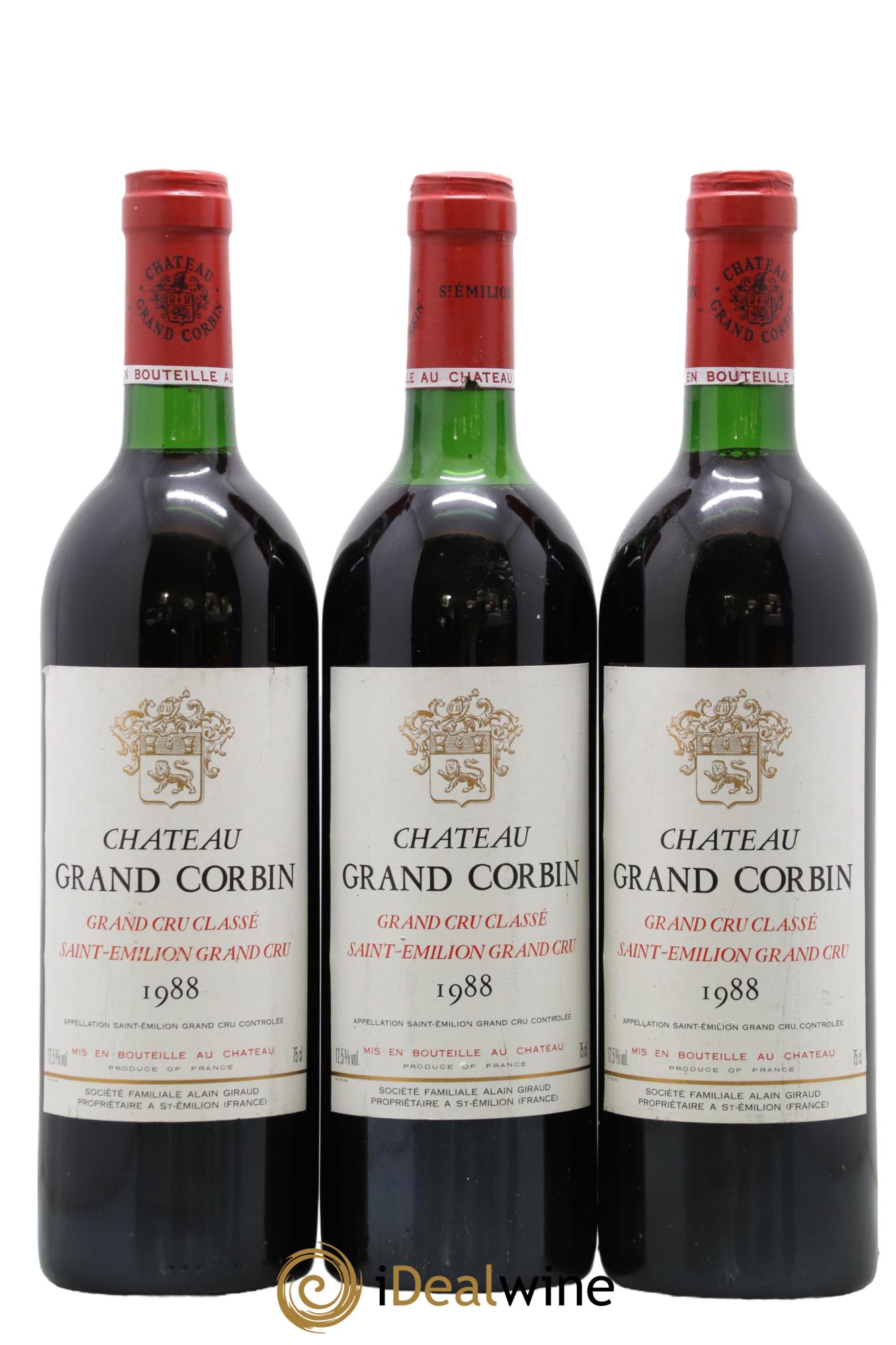 Château Grand Corbin Grand Cru Classé 1988 - Lot de 3 bouteilles - 0