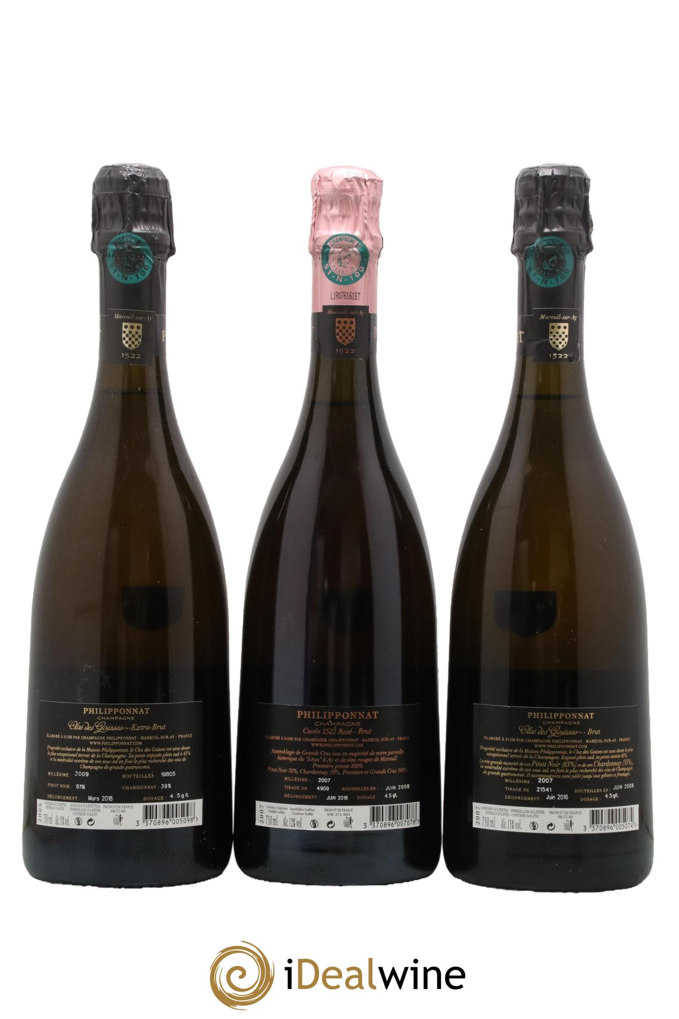 Champagne Coffret Philipponnat (1 bouteille Clos des Goisses Extra Brut 2009 , 1 bouteille Clos des Goisses Brut 2007 et 1 bouteille Cuvée 1522 Extra Brut Grand Cru) - Posten von 3 Flaschen - 2