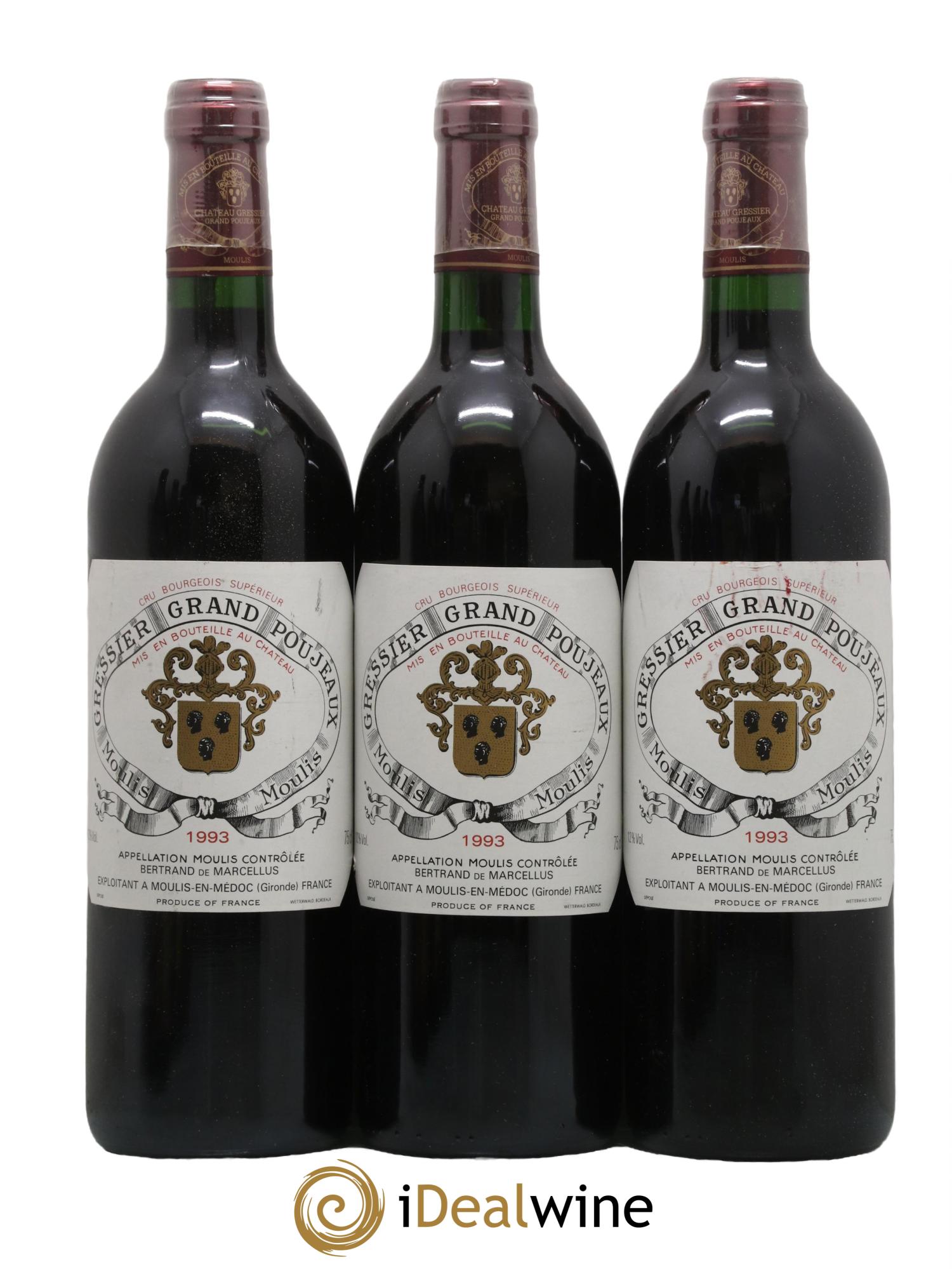 Château Gressier Grand Poujeaux Cru Bourgeois 1993 - Lot de 3 bouteilles - 0