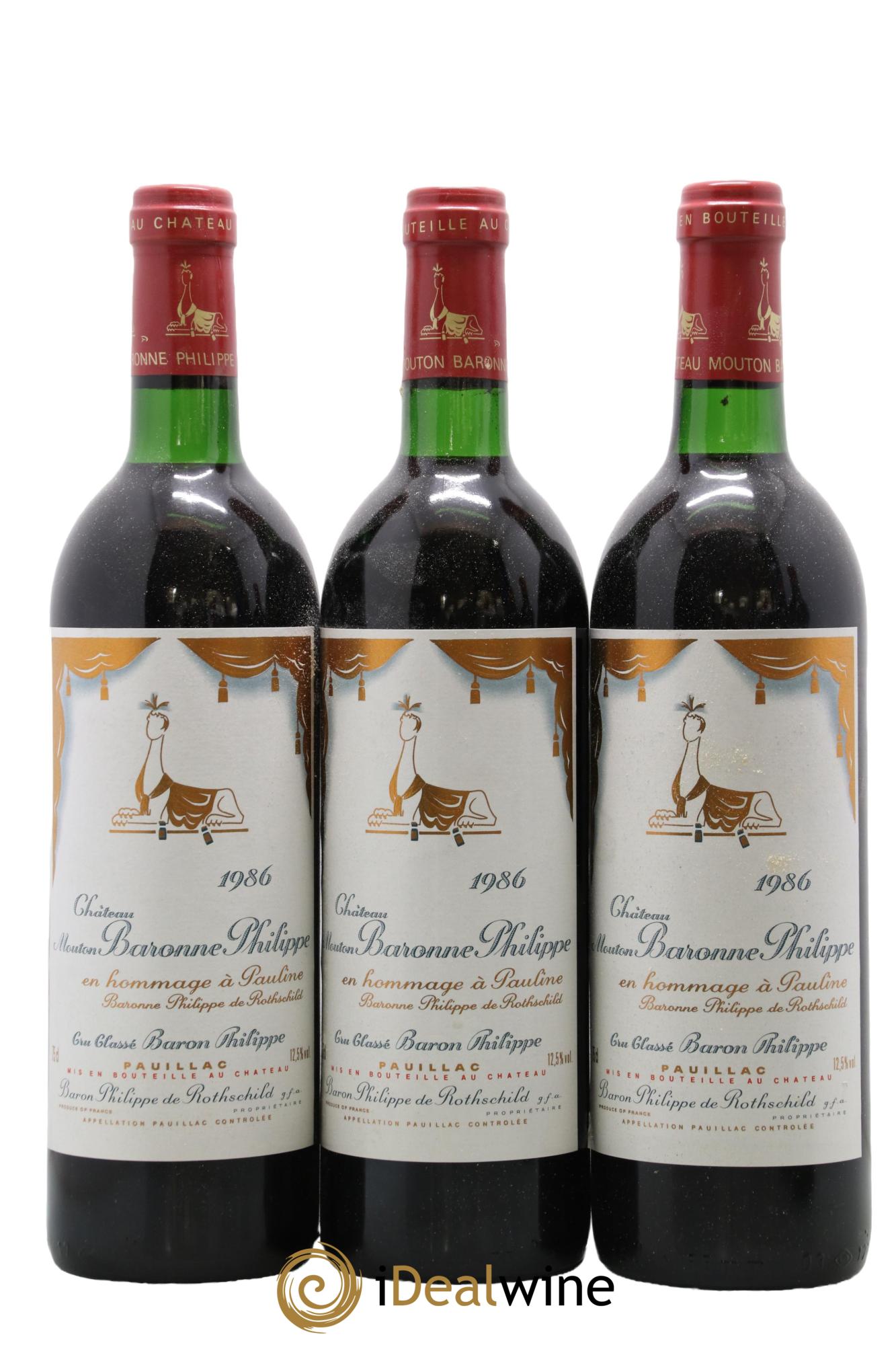 Château d' Armailhac - Mouton Baron(ne) Philippe 5ème Grand Cru Classé 1986 - Lot de 3 bouteilles - 0