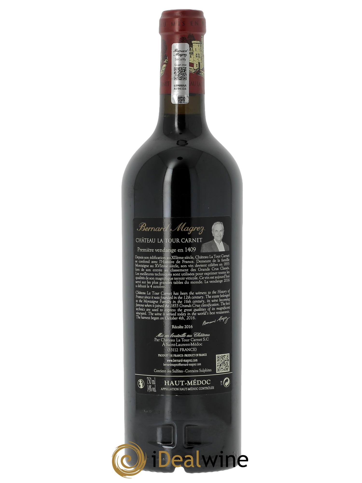Château la Tour Carnet 4ème Grand Cru Classé 2016 - Lot of 1 bottle - 1