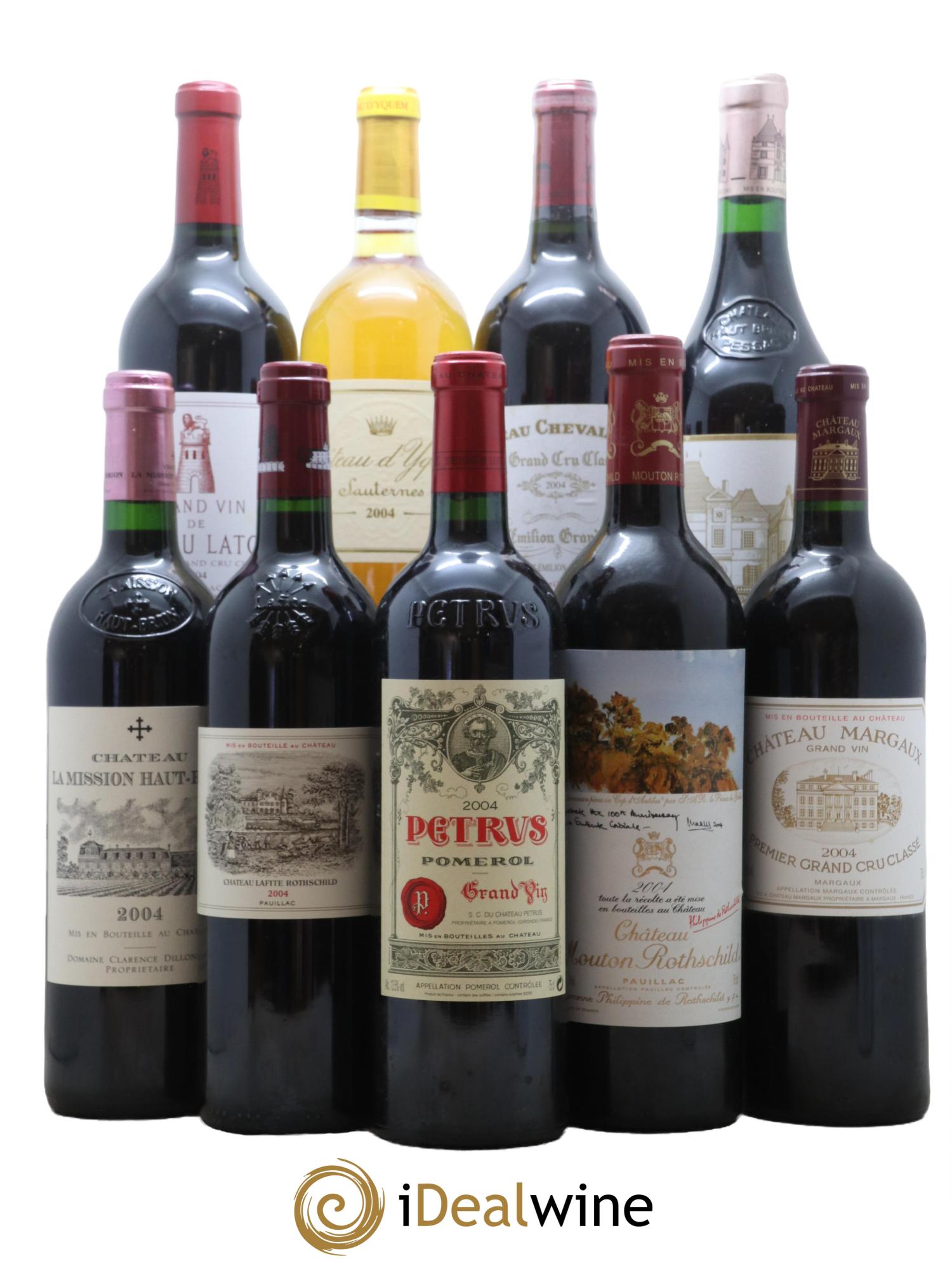 Caisse Collection Duclot 2004 Mouton Lafite Margaux Mission Haut Brion Petrus Cheval Blanc Haut Brion Yquem Latour 2004 - Lot de 9 bouteilles - 0