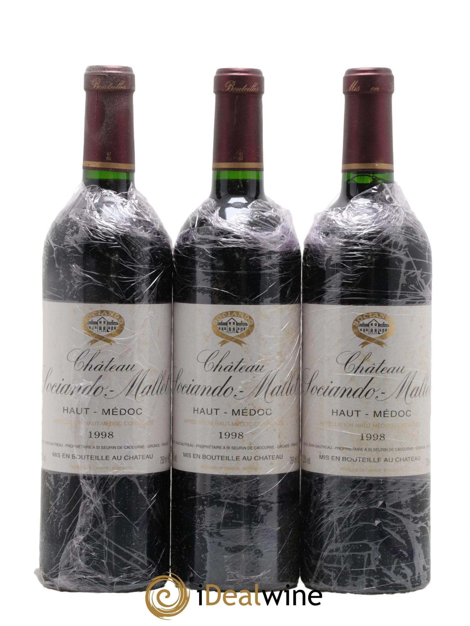 Château Sociando Mallet 1998 - Lotto di 3 bottiglie - 0