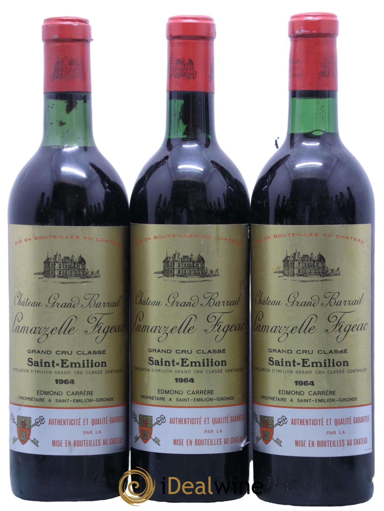 Château Grand Barrail Lamarzelle Figeac Grand Cru Classé 1964 - Lot de 3 bouteilles - 0