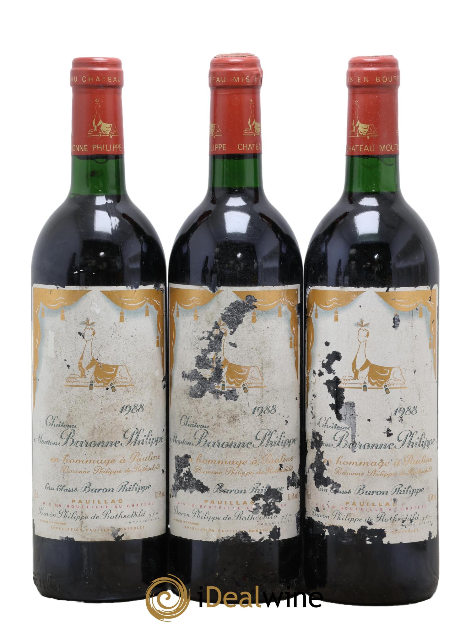 Château d' Armailhac - Mouton Baron(ne) Philippe 5ème Grand Cru Classé 1988 - Posten von 3 Flaschen - 0