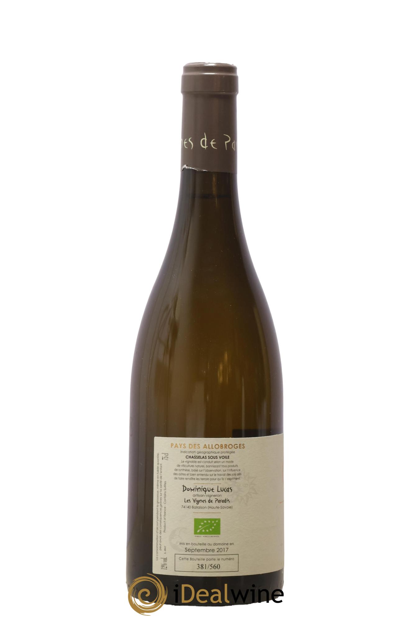 Vin des Allobroges Chasselas Sous Voile Les Vignes du Paradis 2015 - Lot de 1 bouteille - 1