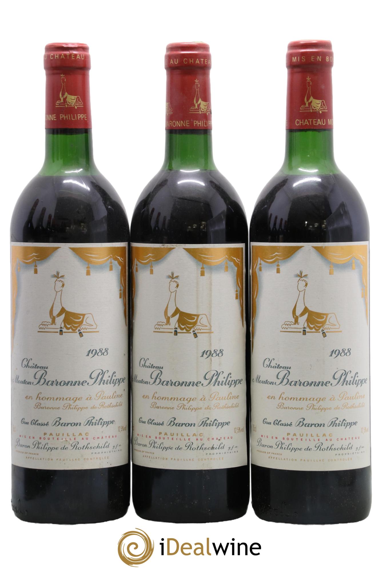 Château d' Armailhac - Mouton Baron(ne) Philippe 5ème Grand Cru Classé 1988 - Lot de 3 bouteilles - 0