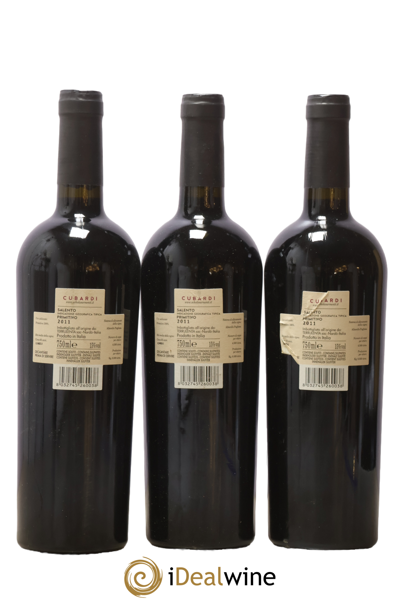 Italie Salento Primitivo Schola Sarmenti Cubardi 2011 - Lot of 3 bottles - 1