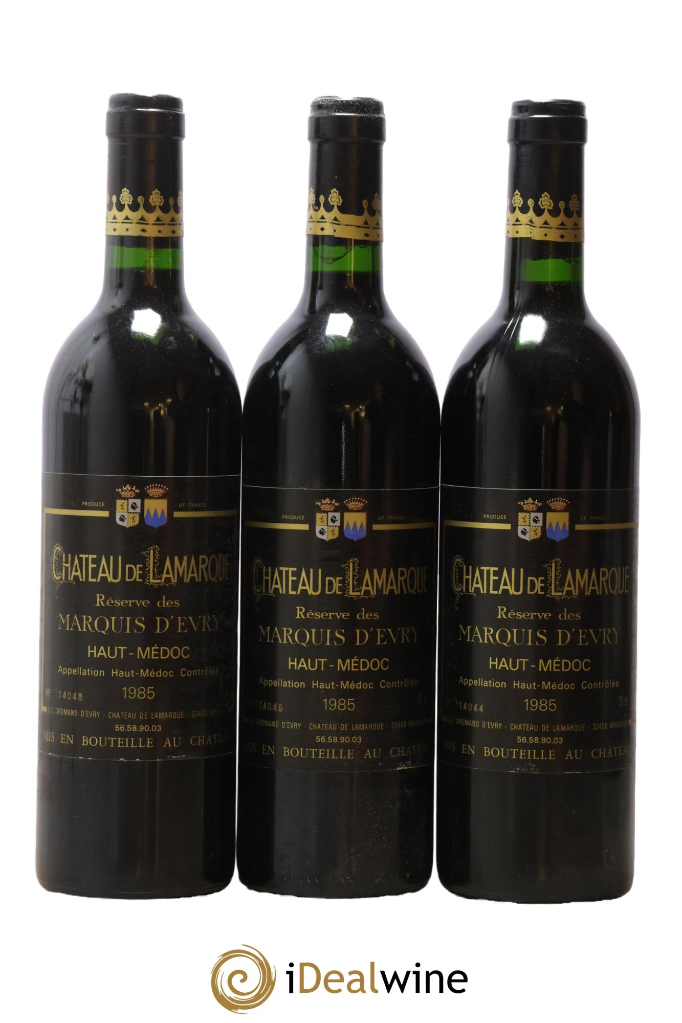 Château de Lamarque Cru Bourgeois Réserve des Marquis d'Evry 1985 - Posten von 3 Flaschen - 0