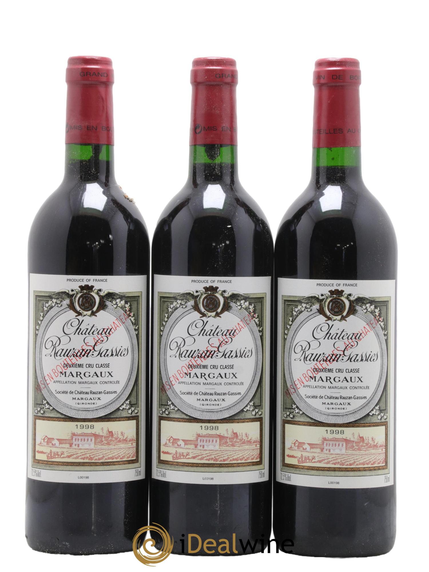 Château Rauzan-Gassies 2ème Grand Cru Classé 1998 - Lotto di 3 bottiglie - 0
