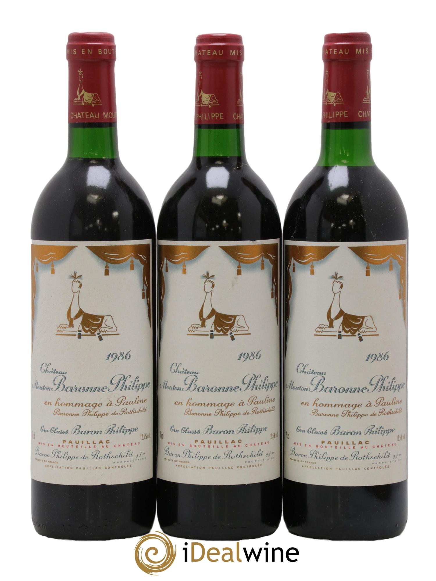 Château d' Armailhac - Mouton Baron(ne) Philippe 5ème Grand Cru Classé 1986 - Lot de 3 bouteilles - 0