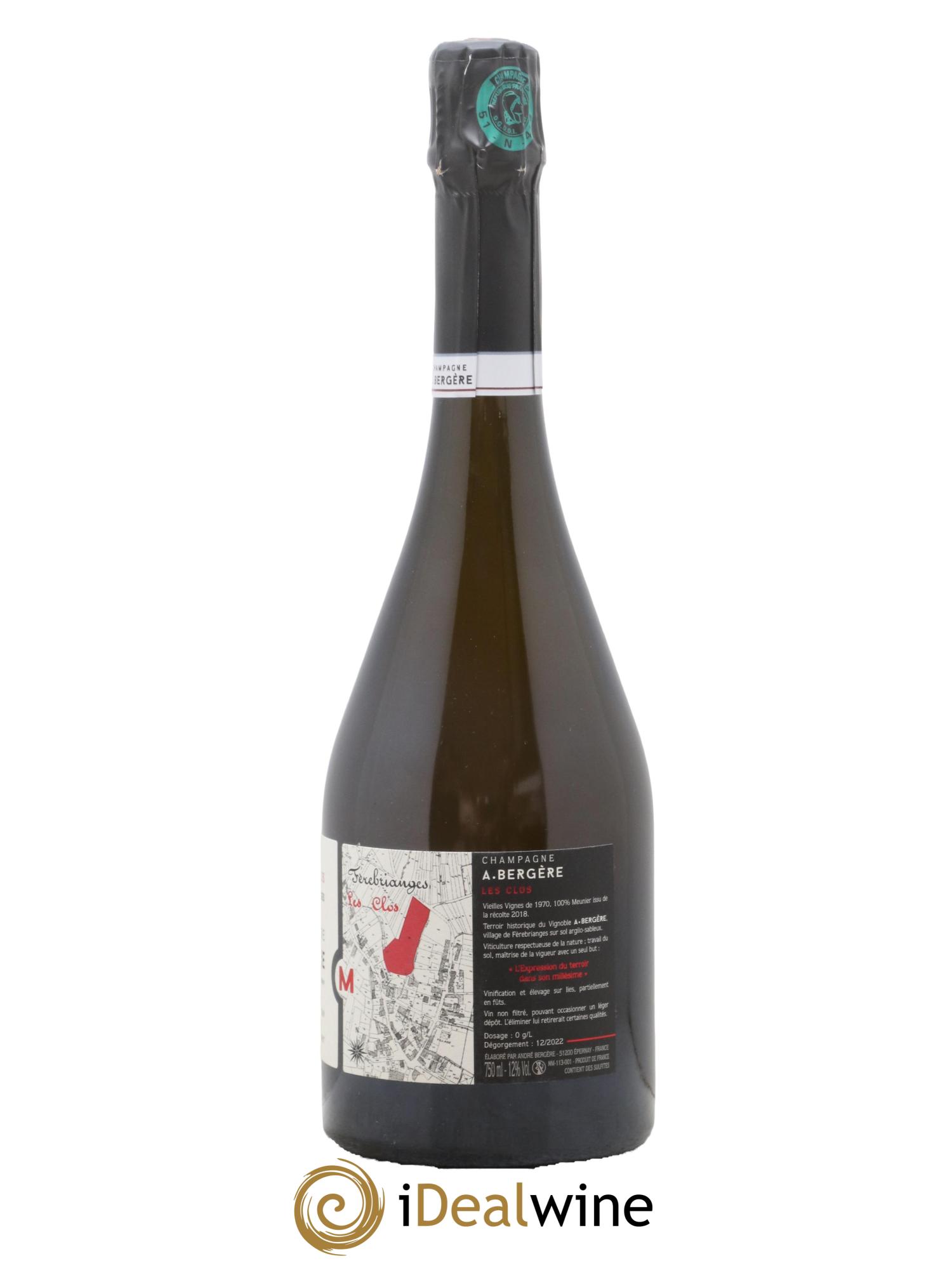 Champagne Les Clos Meunier A. Bergère 2018 - Lot de 1 bouteille - 1