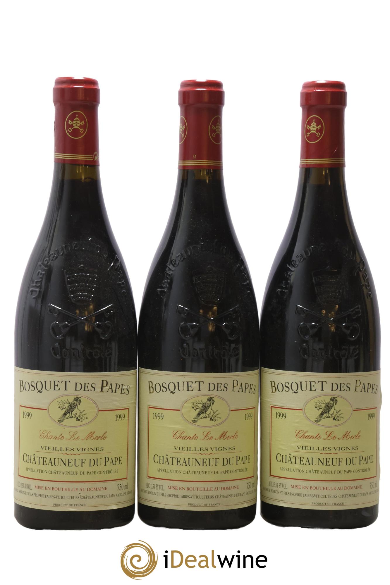 Châteauneuf-du-Pape Bosquet des Papes Chante Le Merle Vieilles Vignes Famille Boiron 1999 - Lot de 3 bouteilles - 0