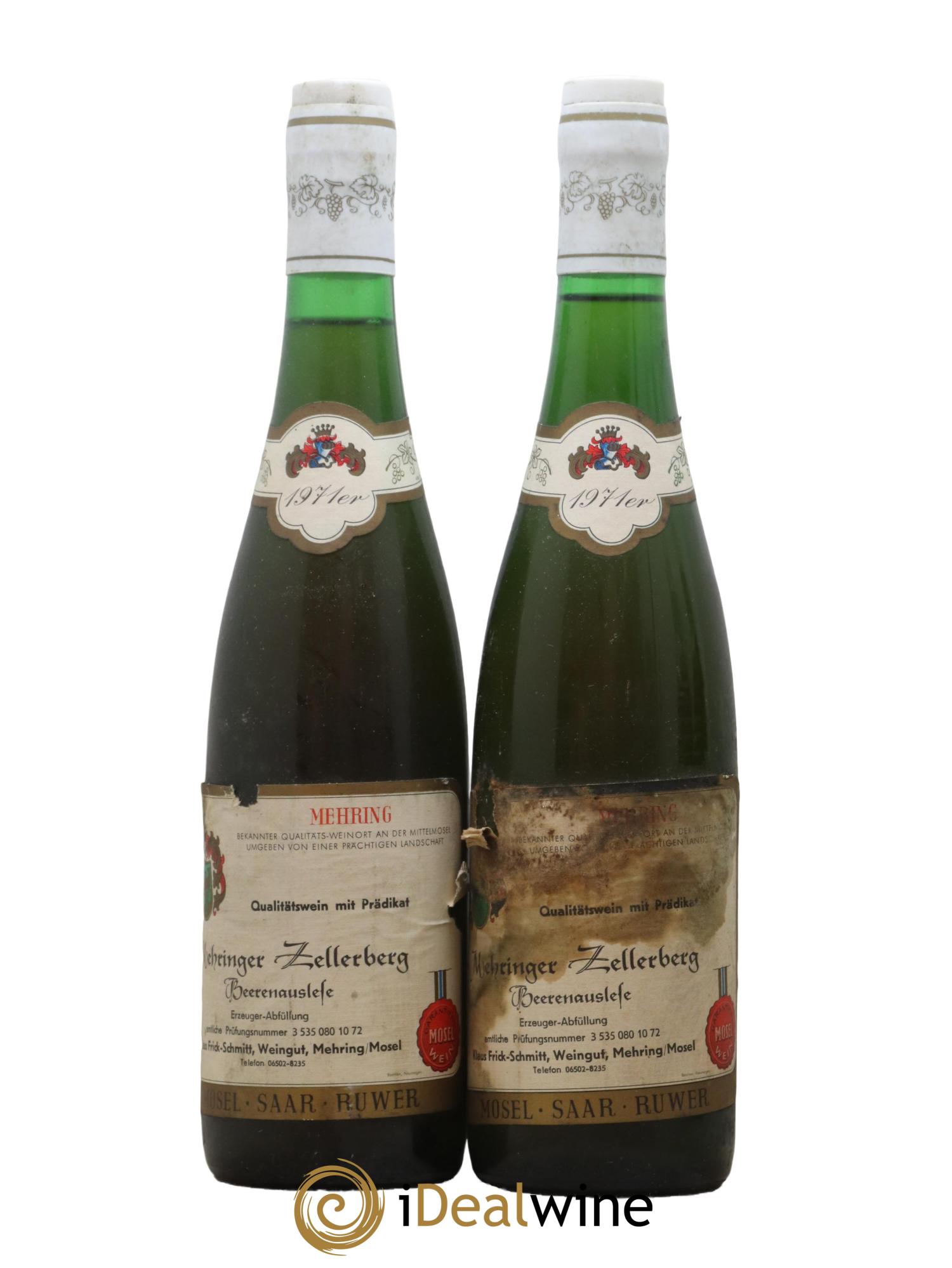 Allemagne Mosel-Saar Beerenauslese Mehringer Zellerberg Weingut Frick Schmitt 1971 - Lot de 2 bouteilles - 0