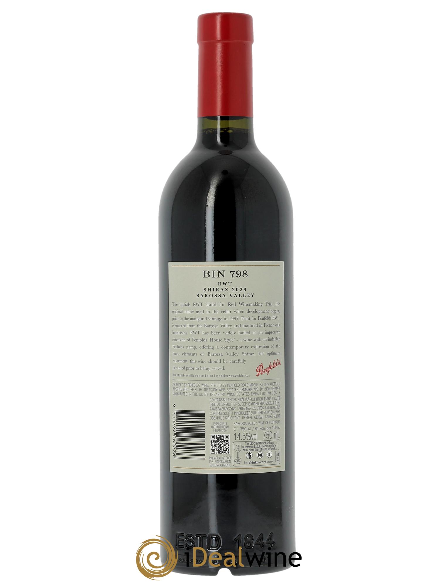 Barossa Valley Penfolds Wines RWT Bin 798 Shiraz (CBO à partir de 6 bts) 2023 - Lot de 1 bouteille - 1