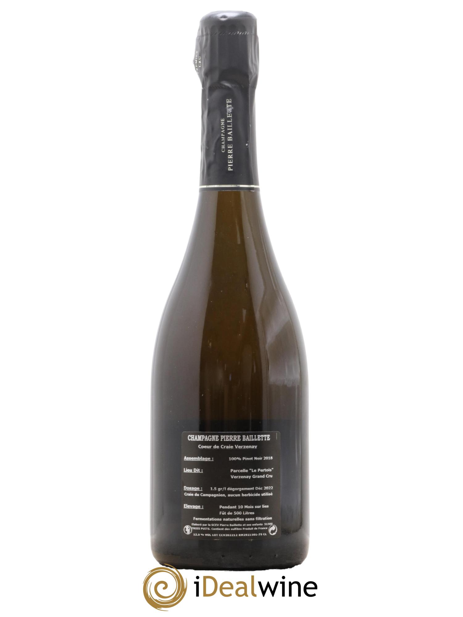 Champagne Extra-Brut Grand Cru Cœur de Craie Verzenay Maison Pierre Baillette 2018 - Lot de 1 bouteille - 1