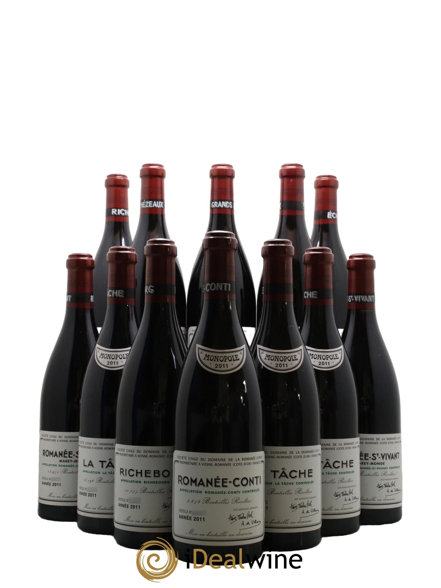 Assortiment 2011 du Domaine de la Romanée-Conti Domaine de la Romanée-Conti 3 La Tache, 2 Richebourg, 1 Romanee Conti, 2 Romanee Saint Vivant, 2 Echezeaux, 2 Grands Echezeaux 2011 - Lot of 12 bottles - 0
